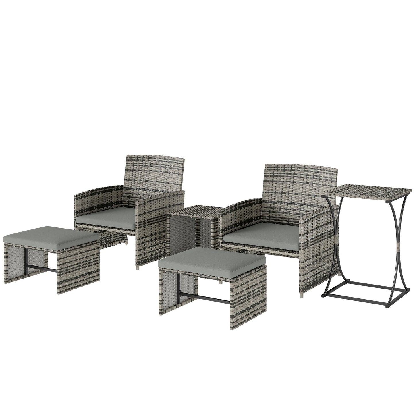 6 Piece Rattan Garden Furniture Set, Space-Saving Patio Furniture Conversation Set with 2 Nesting Tables, 2 Chairs, 2 Footstools, Wicker Outdoor Sofa with Cushions for Balcony Porch, Grey