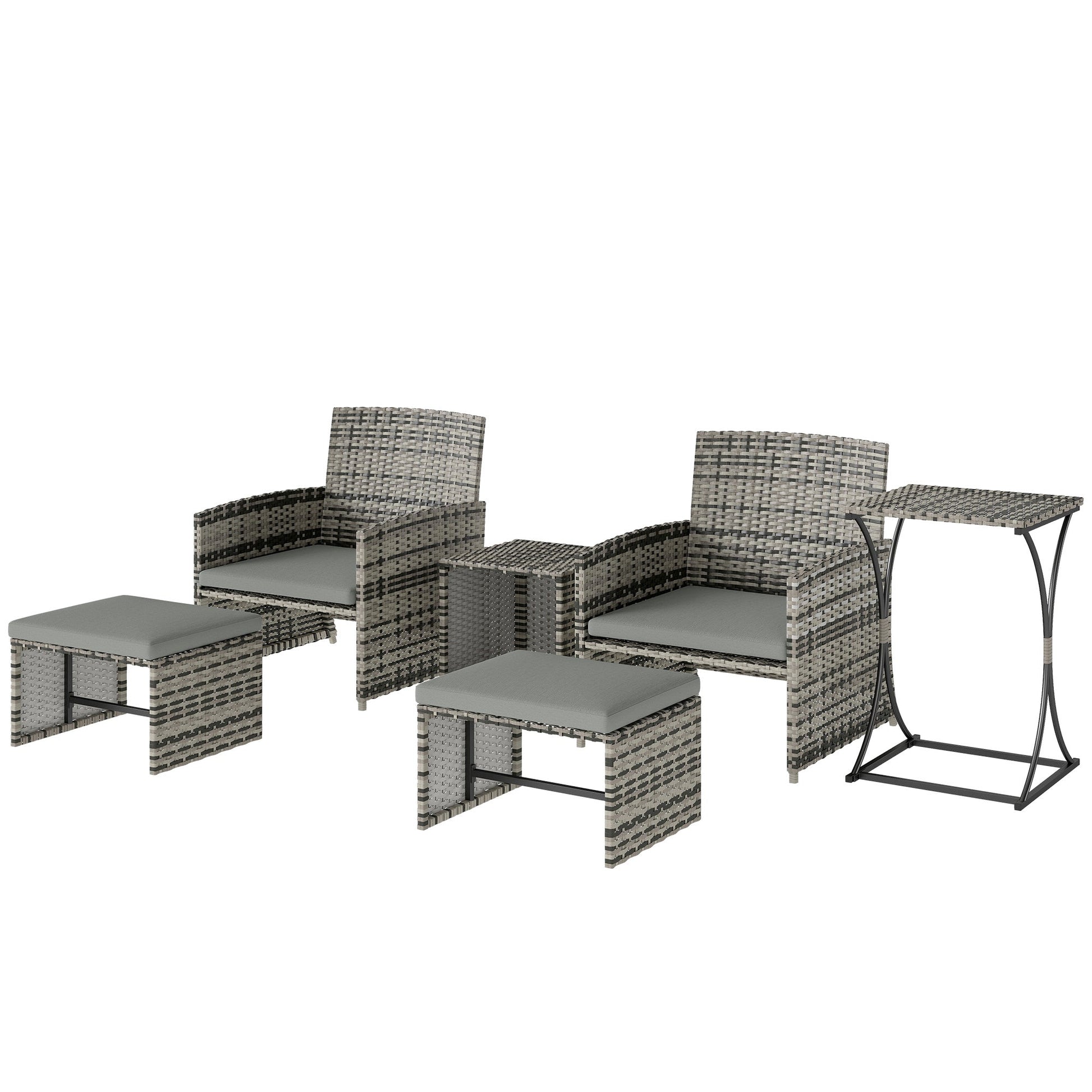 6 Piece Rattan Garden Furniture Set, Space-Saving Patio Furniture Conversation Set with 2 Nesting Tables, 2 Chairs, 2 Footstools, Wicker Outdoor Sofa with Cushions for Balcony Porch, Grey
