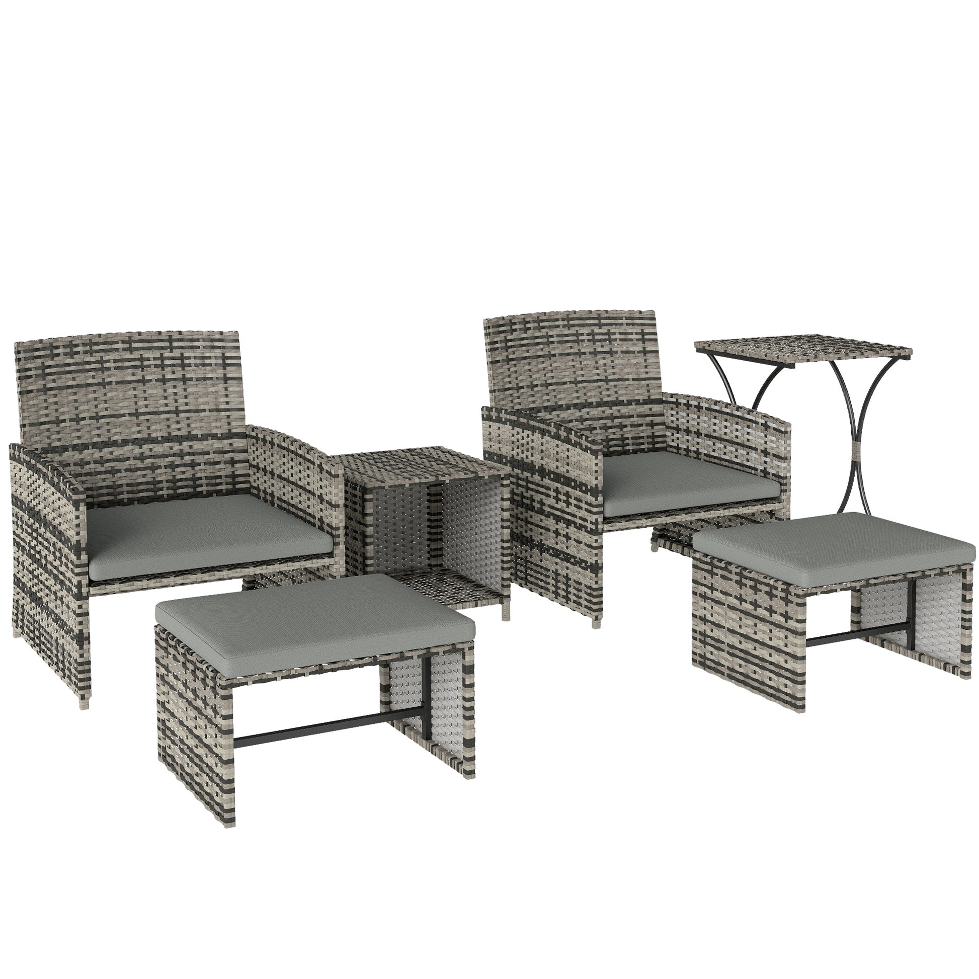 6 Piece Rattan Garden Furniture Set, Space-Saving Patio Furniture Conversation Set with 2 Nesting Tables, 2 Chairs, 2 Footstools, Wicker Outdoor Sofa with Cushions for Balcony Porch, Grey
