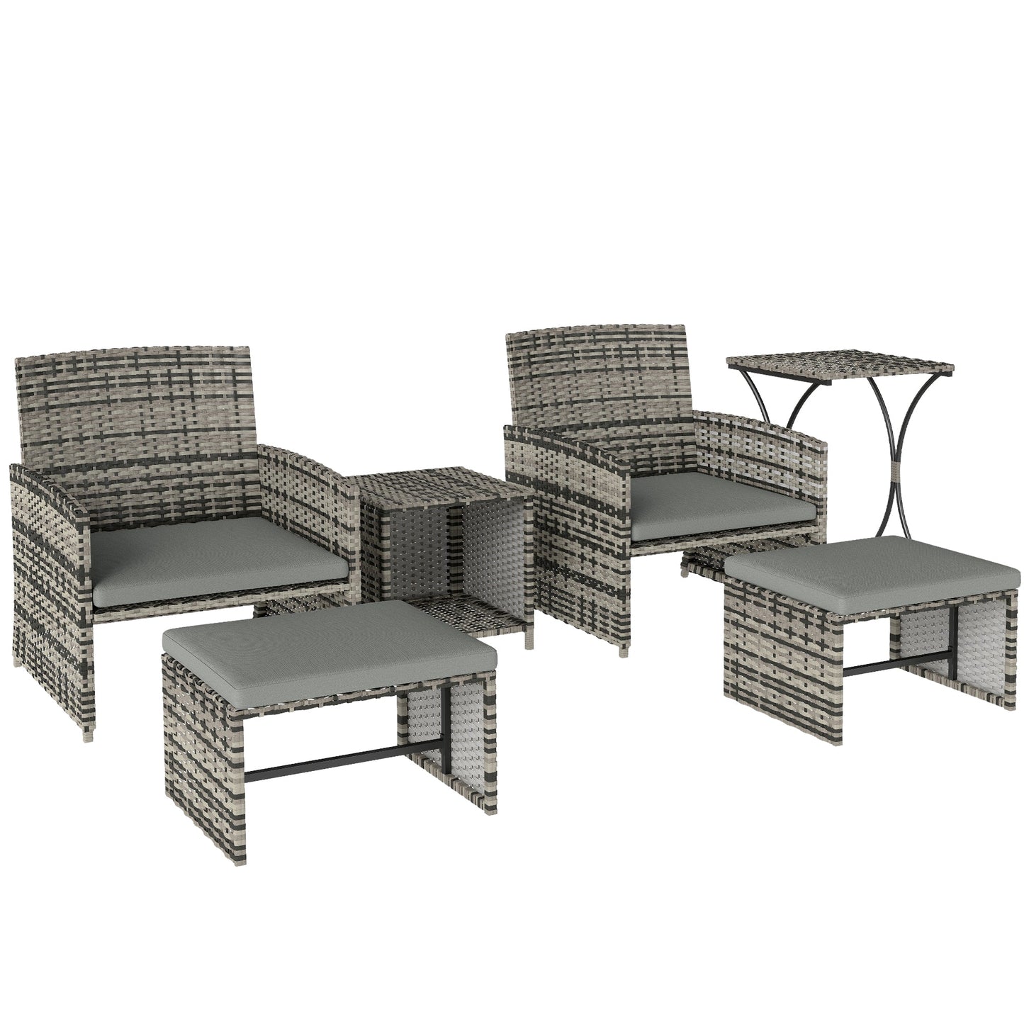 6 Piece Rattan Garden Furniture Set, Space-Saving Patio Furniture Conversation Set with 2 Nesting Tables, 2 Chairs, 2 Footstools, Wicker Outdoor Sofa with Cushions for Balcony Porch, Grey