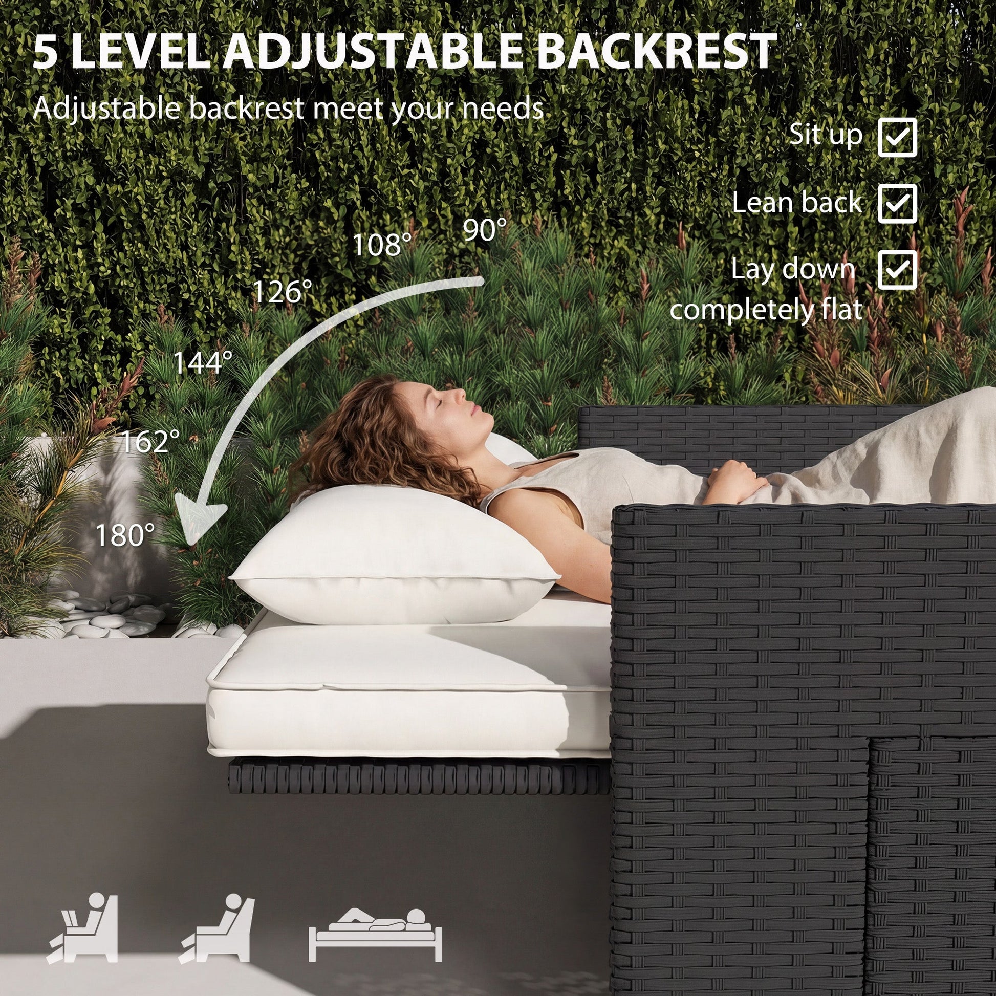 Rattan Garden Daybed, Assembled Double Sun Lounger with 5-Level Adjustable Back, Storage Ottoman, Cushions, Pillows and Retractable Trays, Outdoor Loveseat Sofa Bed for Patio, Cream White