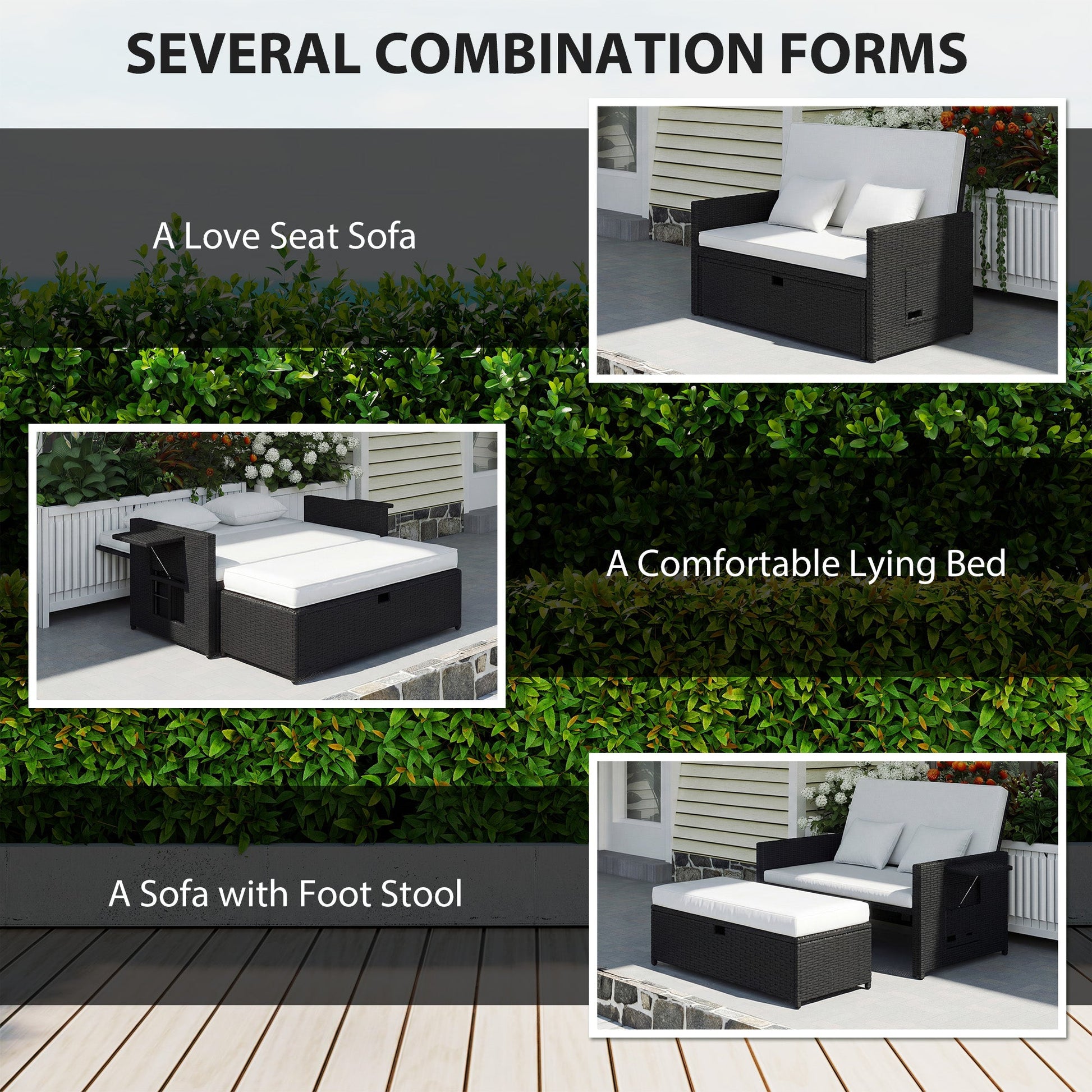 Rattan Garden Daybed, Assembled Double Sun Lounger with 5-Level Adjustable Back, Storage Ottoman, Cushions, Pillows and Retractable Trays, Outdoor Loveseat Sofa Bed for Patio, Cream White