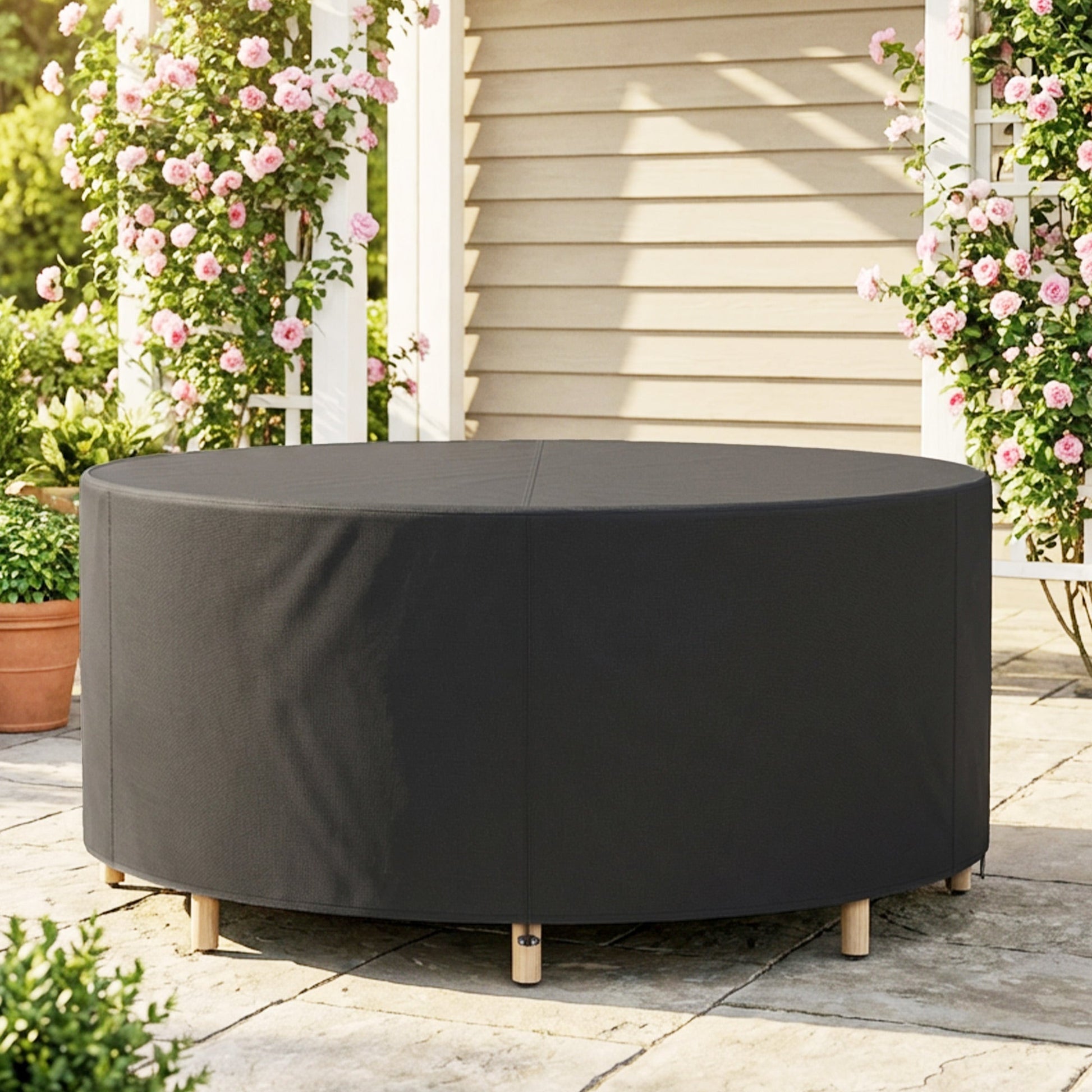 Round Garden Furniture Cover, Waterproof Garden Table Cover, 420D Heavy Duty Oxford for Outdoor Garden Table and Chairs, Φ214 x 70 cm, Black