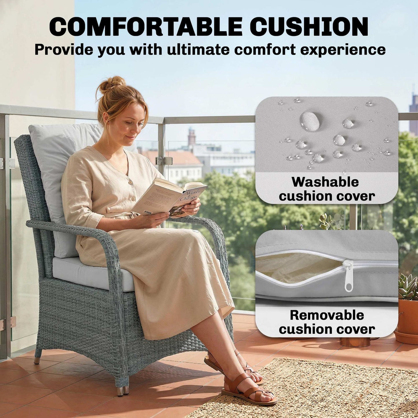 3 Pieces Rattan Bistro Set, Wicker Garden Furniture Set with Metal Frame, Cover, Glass Top Coffee Table, Chairs and Cushions for Outdoor, Patio, Balcony, Light Grey