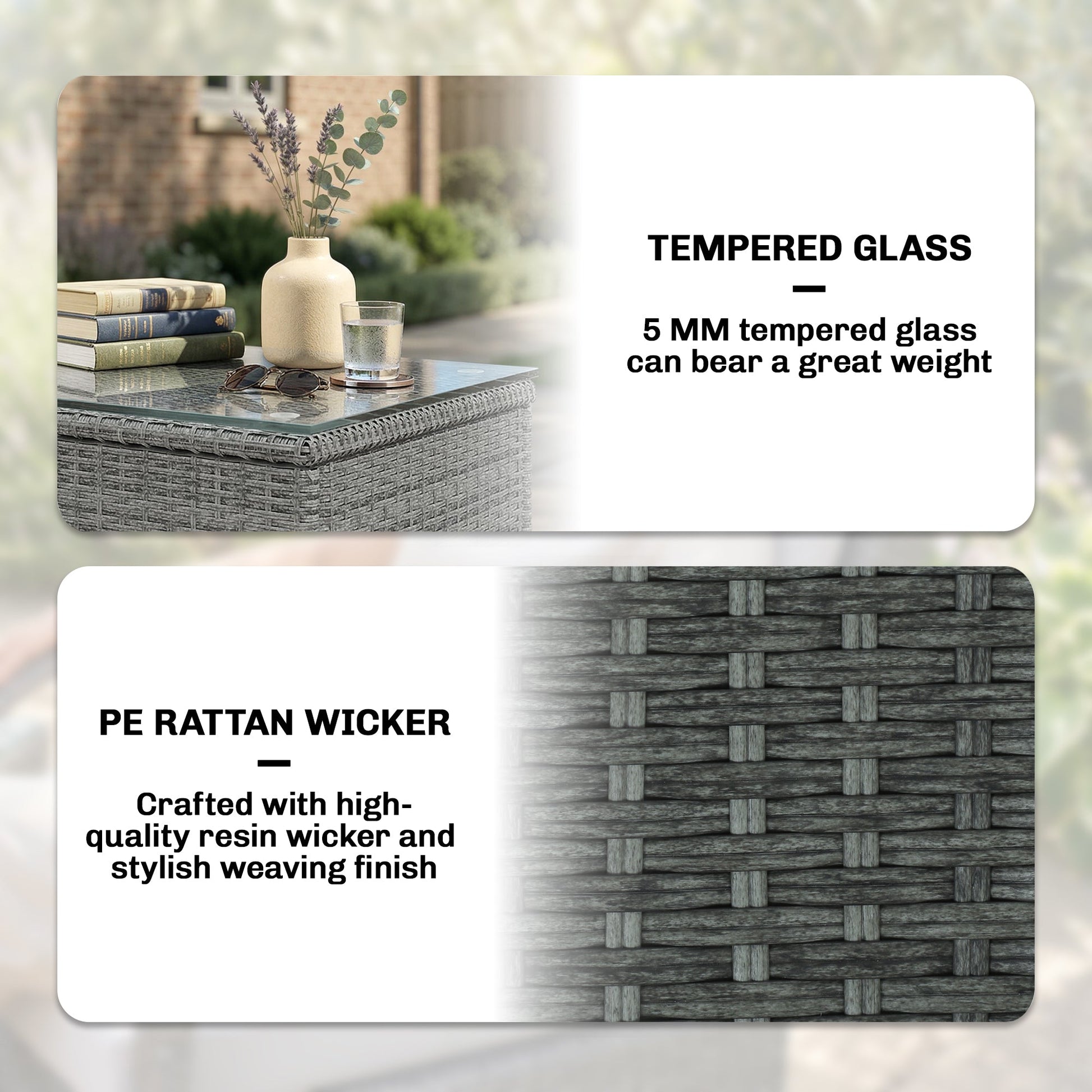 3 Pieces Rattan Bistro Set, Wicker Garden Furniture Set with Metal Frame, Cover, Glass Top Coffee Table, Chairs and Cushions for Outdoor, Patio, Balcony, Light Grey