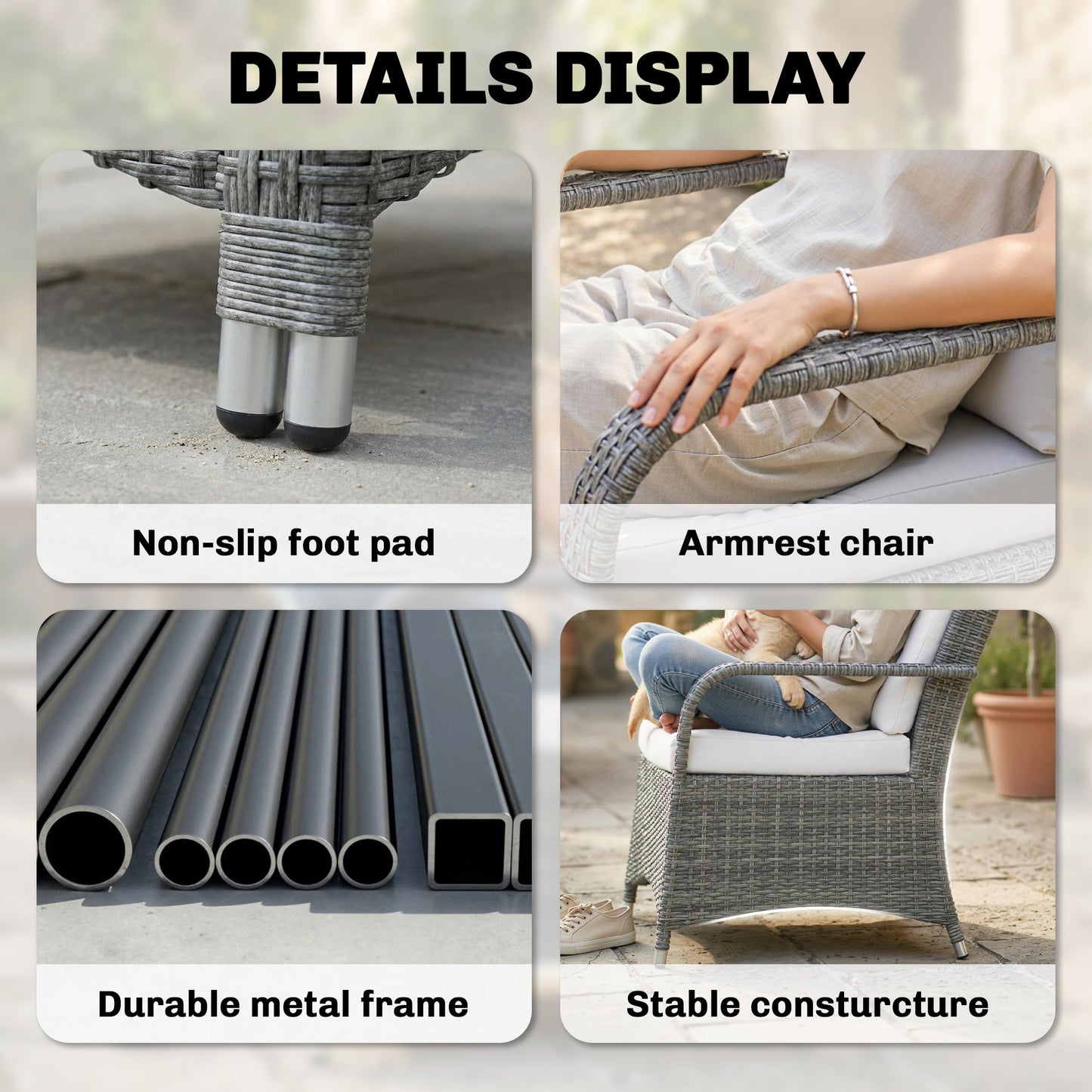 3 Pieces Rattan Bistro Set, Wicker Garden Furniture Set with Metal Frame, Cover, Glass Top Coffee Table, Chairs and Cushions for Outdoor, Patio, Balcony, Light Grey