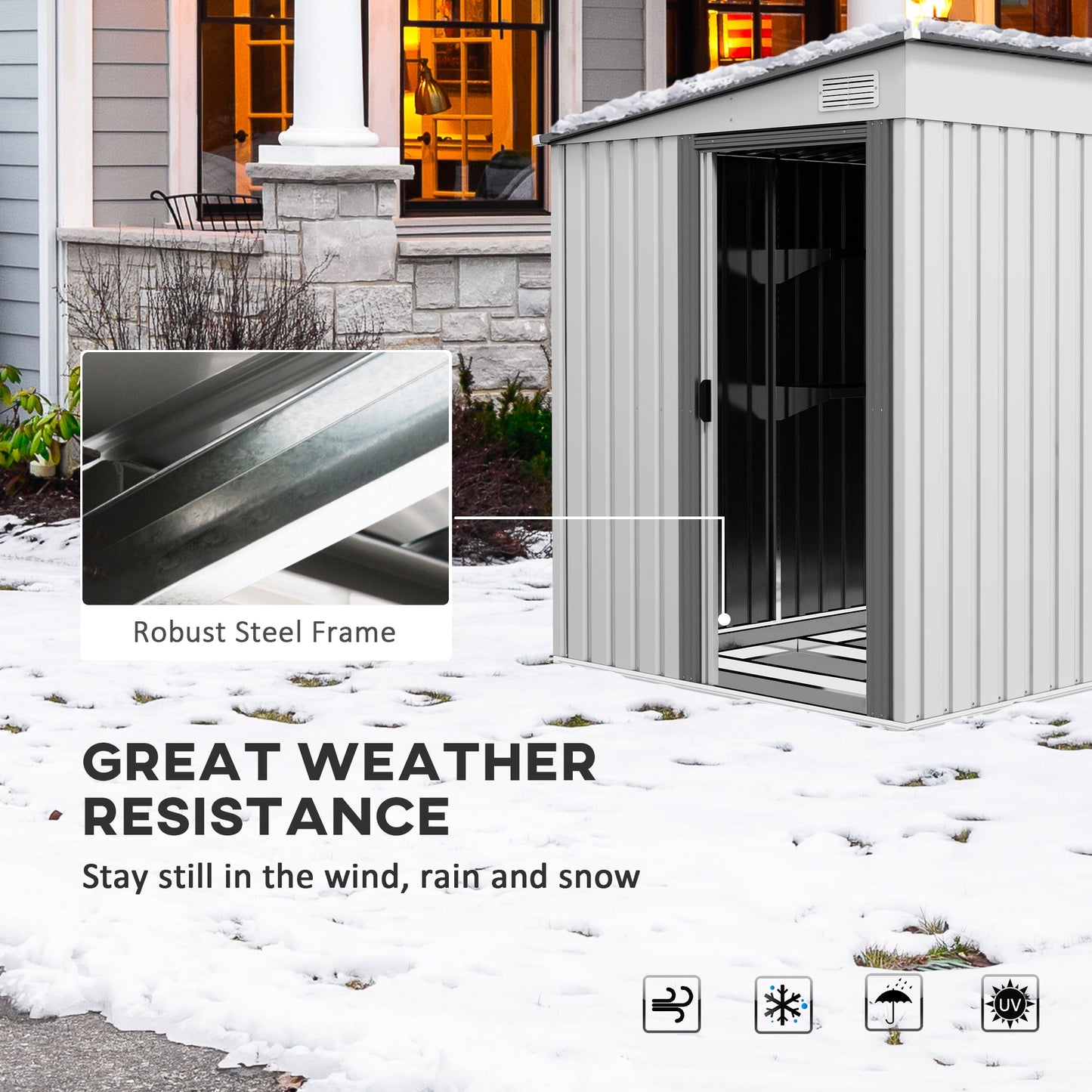 7 x 5FT Galvanised Metal Garden Shed with Foundation, Lean to Shed, Tool Storage House with Sliding Doors, 2 Vents, Adjustable Shelves and Hooks, White