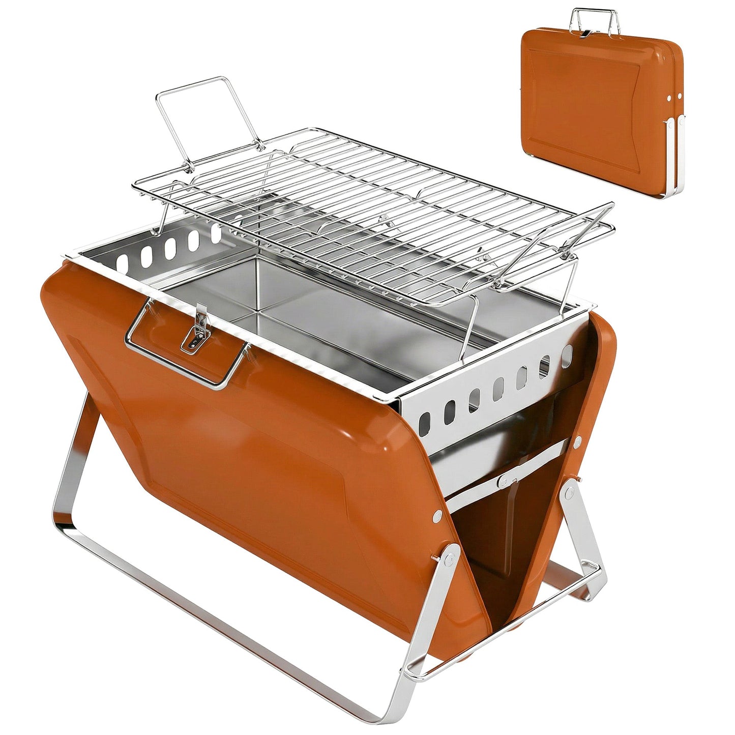 Portable BBQ Grill, Folding Charcoal Barbecue Grill with Handle and Foldable Legs for Camping Garden Outdoor Cooking, Orange