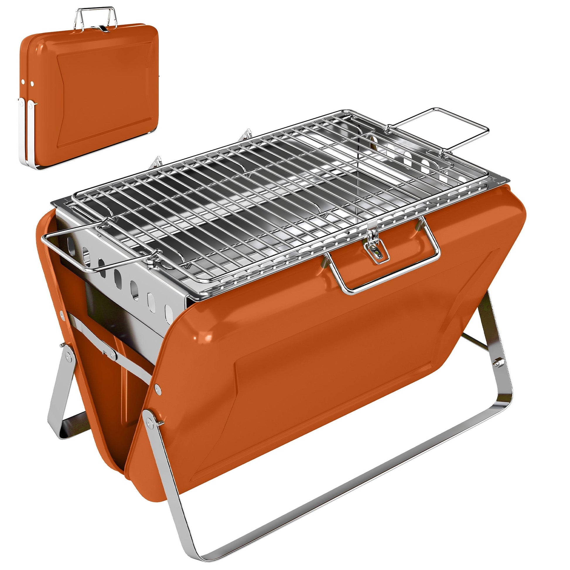Portable BBQ Grill, Folding Charcoal Barbecue Grill with Handle and Foldable Legs for Camping Garden Outdoor Cooking, Orange