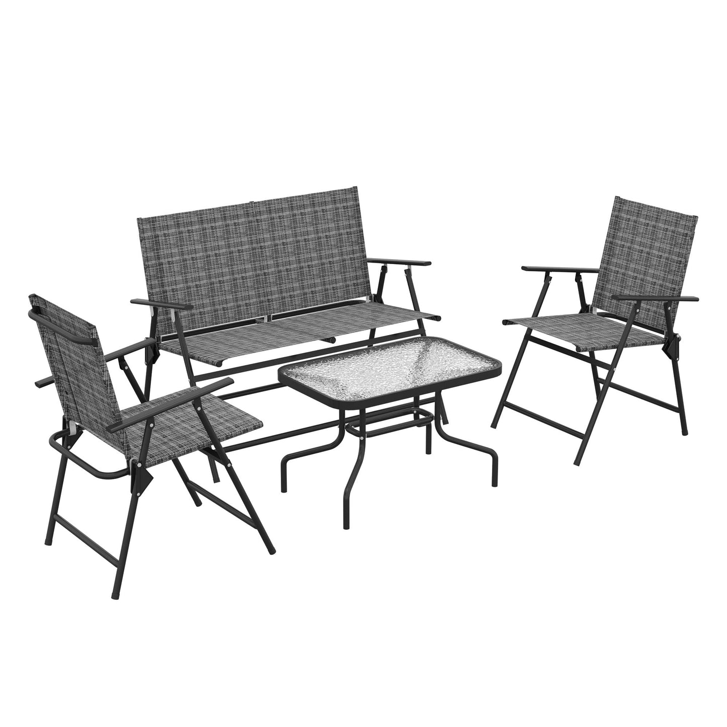 Outdoor 4 Pieces Patio Furniture Set with Breathable Mesh Fabric Seat & Backrest, Garden Set with Two Foldable Armchairs, a Loveseat & Glass Top Table, Mixed Grey
