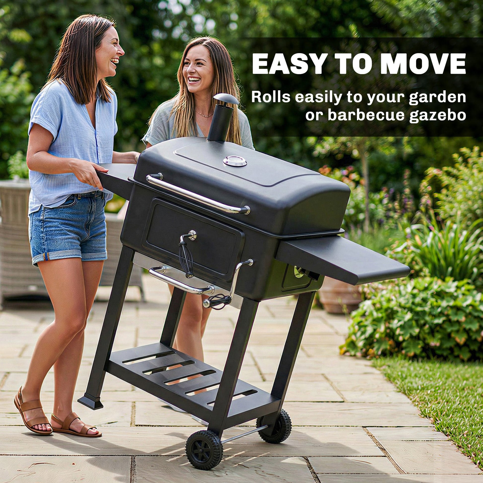 Charcoal BBQ Grill with Adjustable Charcoal Pan, Large Barbecue Grill Smoker with Warming Rack, Side Tables, Chimney, Vents, Wheels and Temperature Gauge, Portable for Outdoor Cooking, Black