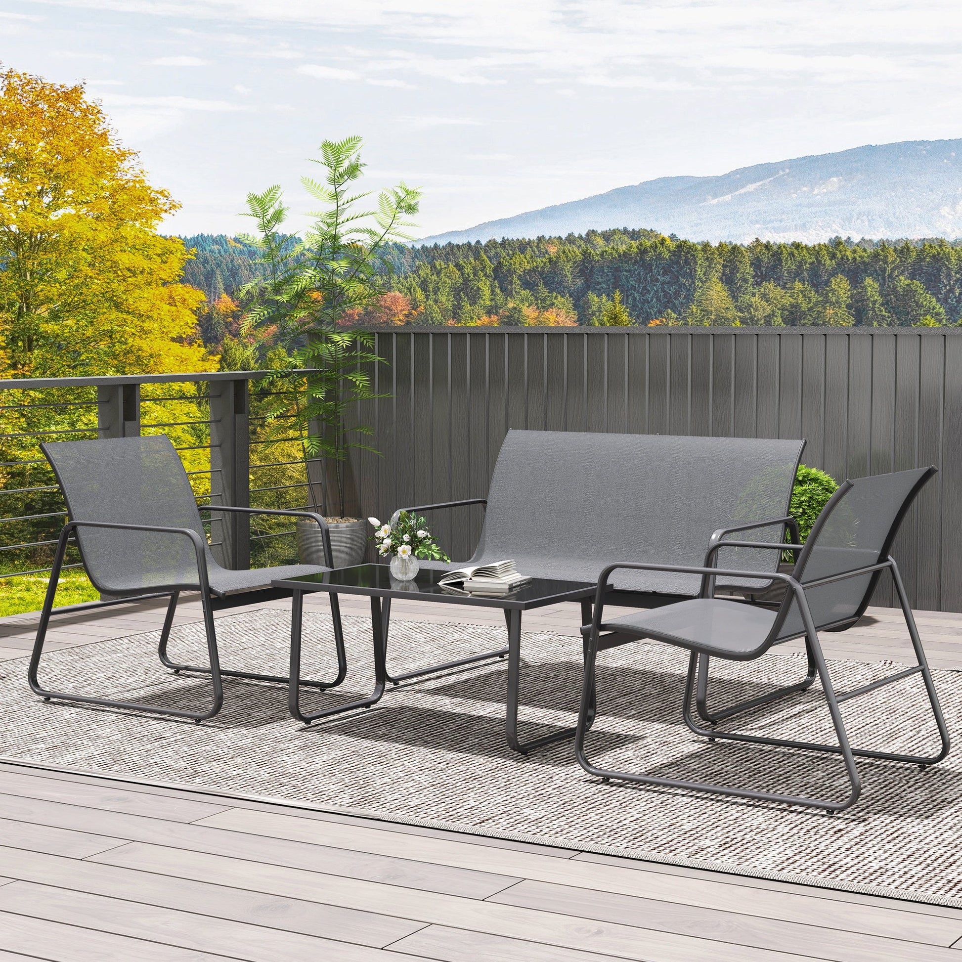 4 Piece Garden Furniture Set Outdoor Patio Sofa Set with Double Chair, Single Chairs and Glass Top Table for Terrace and Balcony, Light Grey