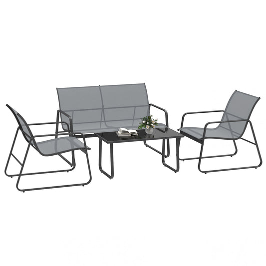 4 Piece Garden Furniture Set Outdoor Patio Sofa Set with Double Chair, Single Chairs and Glass Top Table for Terrace and Balcony, Light Grey