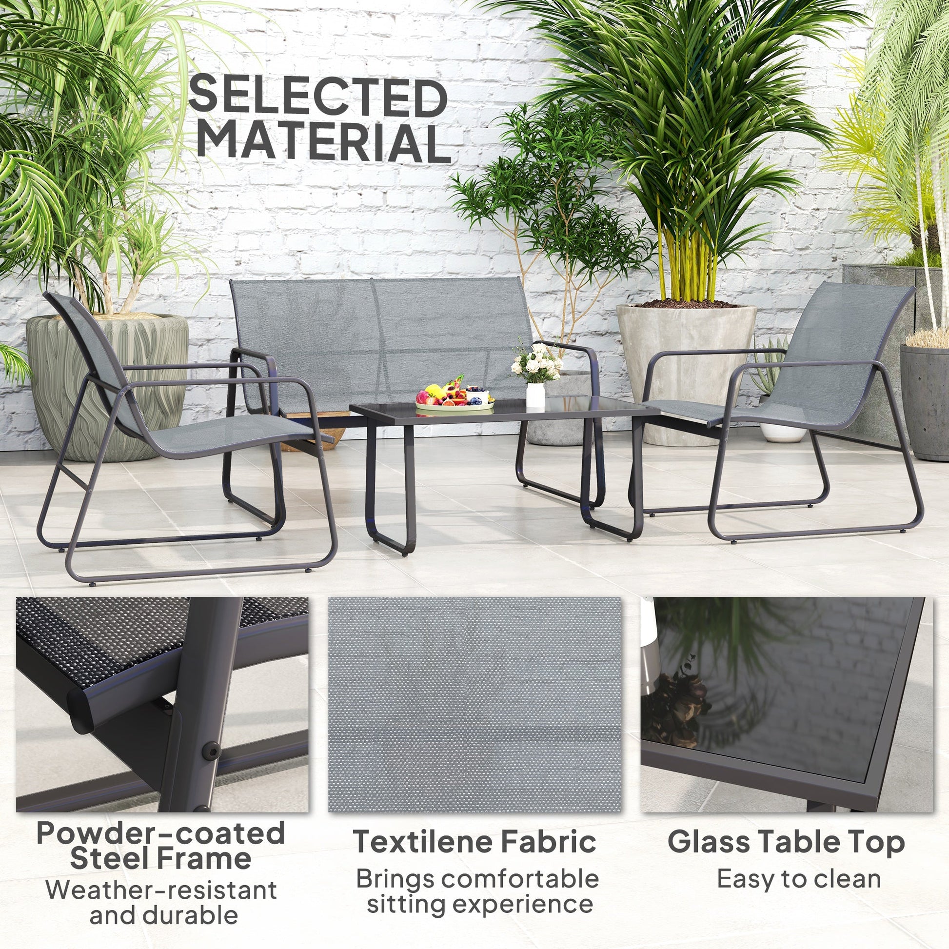 4 Piece Garden Furniture Set Outdoor Patio Sofa Set with Double Chair, Single Chairs and Glass Top Table for Terrace and Balcony, Light Grey