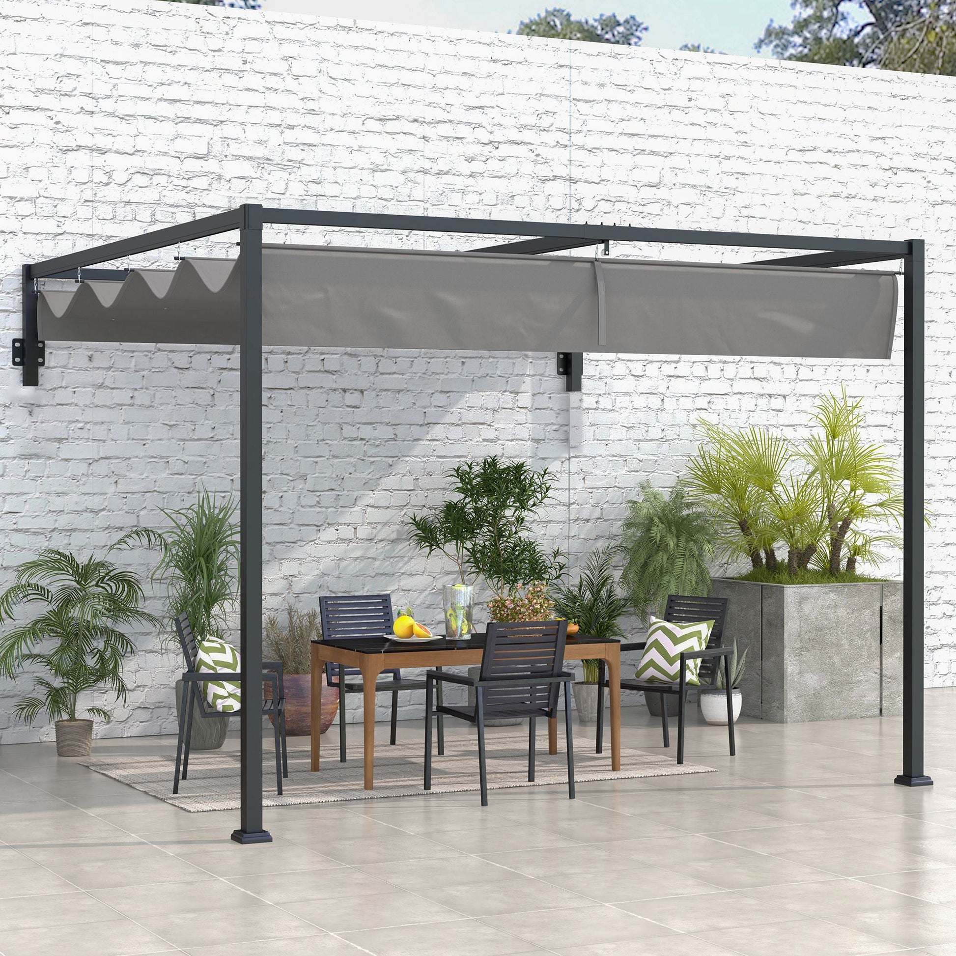 3 x 4m Lean To Pergola with Retractable Roof, Wall Mounted Garden Gazebo Outdoor Sun Shade Shelter for Patio, Deck