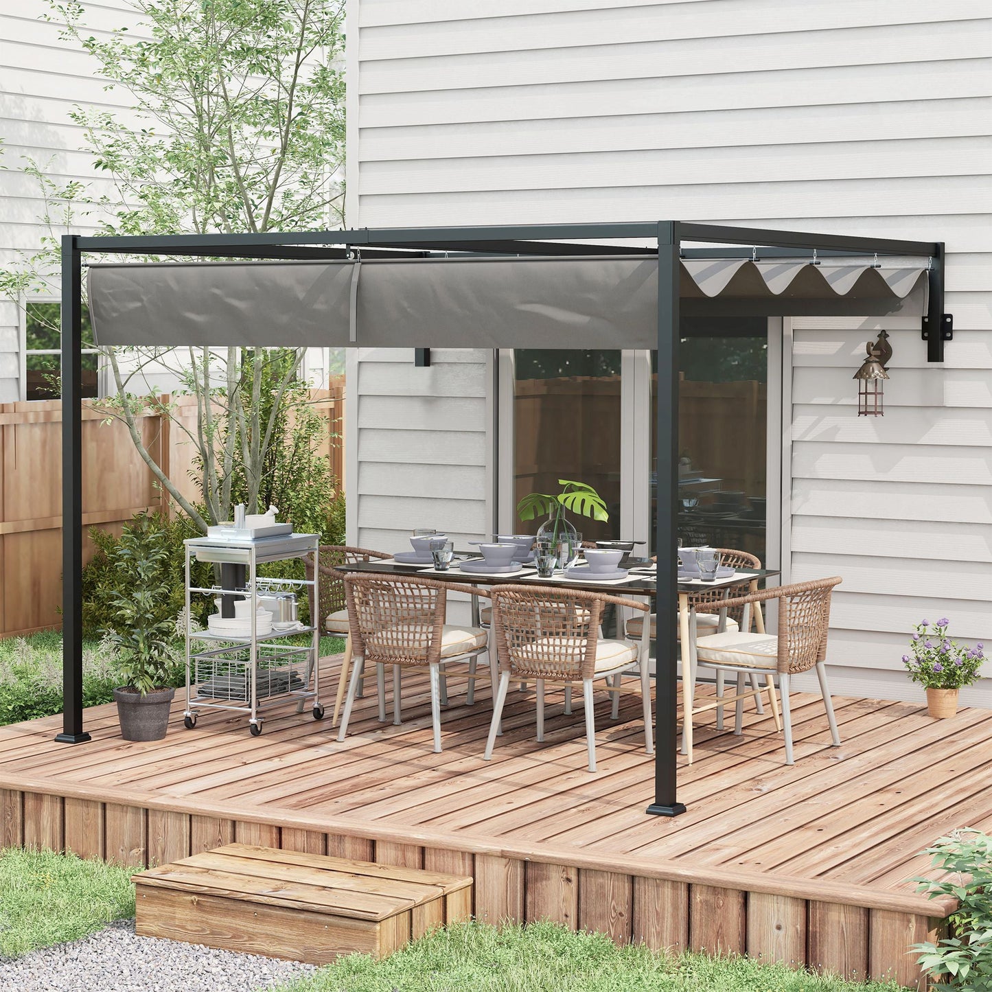 3 x 4m Lean To Pergola with Retractable Roof, Wall Mounted Garden Gazebo Outdoor Sun Shade Shelter for Patio, Deck