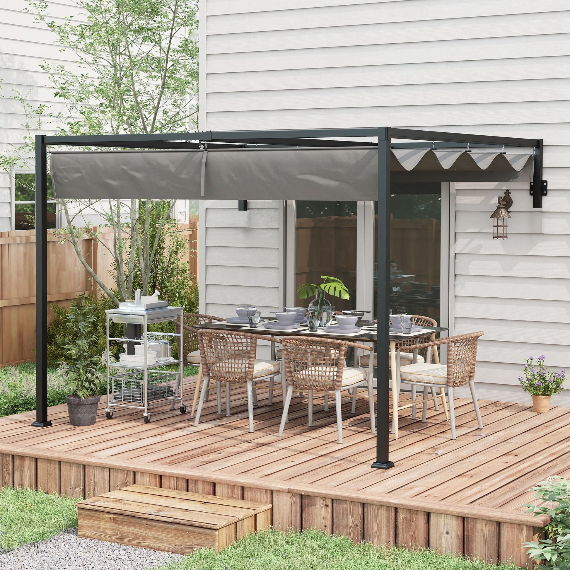 3 x 4m Lean To Pergola with Retractable Roof, Wall Mounted Garden Gazebo Outdoor Sun Shade Shelter for Patio, Deck