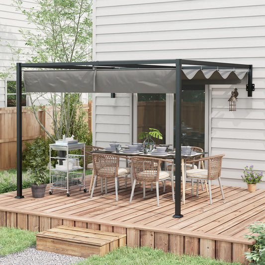3 x 4m Lean To Pergola with Retractable Roof, Wall Mounted Garden Gazebo Outdoor Sun Shade Shelter for Patio, Deck
