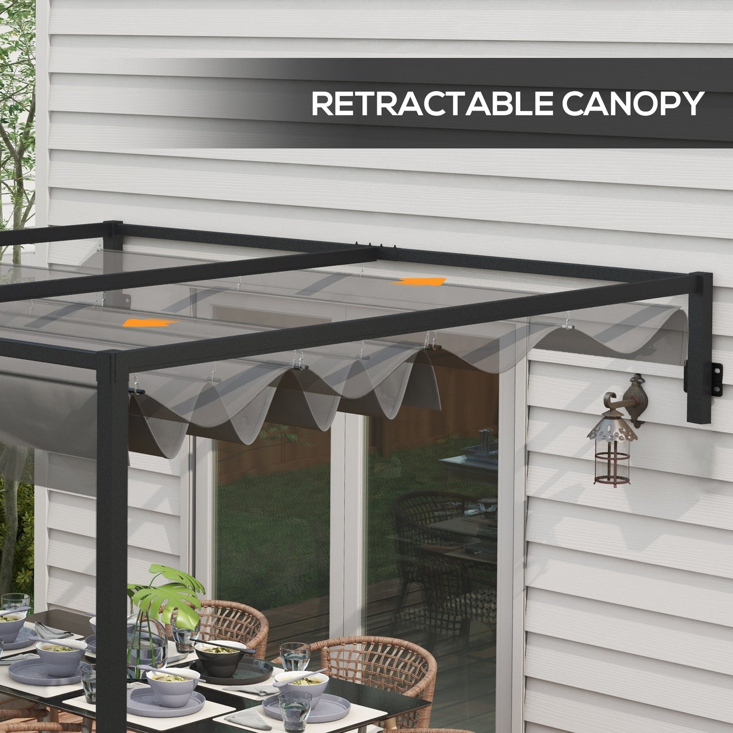3 x 4m Lean To Pergola with Retractable Roof, Wall Mounted Garden Gazebo Outdoor Sun Shade Shelter for Patio, Deck