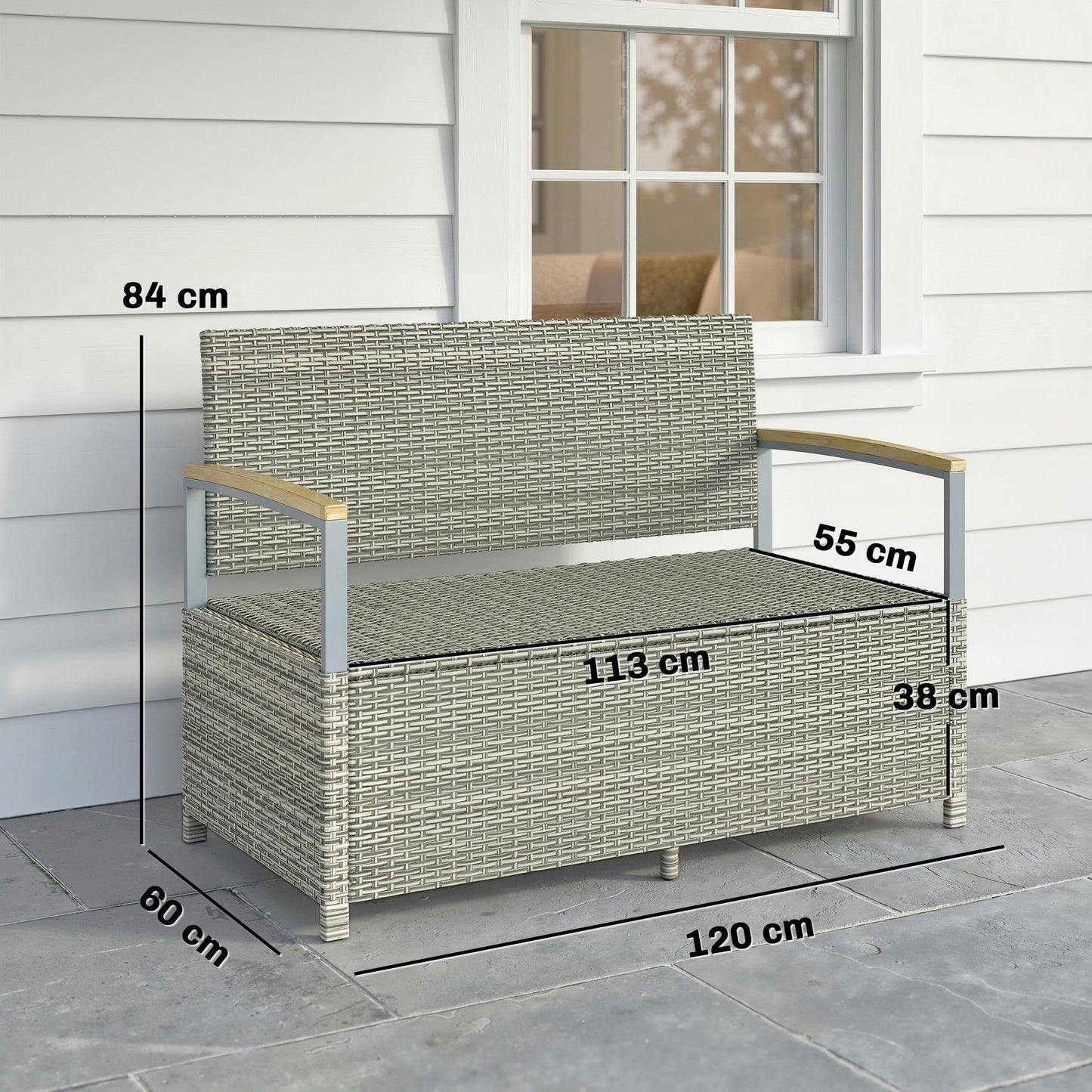 144 L Garden Storage Bench with Zipped Liner, 2 Seater PE Rattan Garden Bench with Storage, Gas Strut, Acacia Wood Top Armrests, Cushion, Patio Outdoor Benches Chest Container, Light Grey