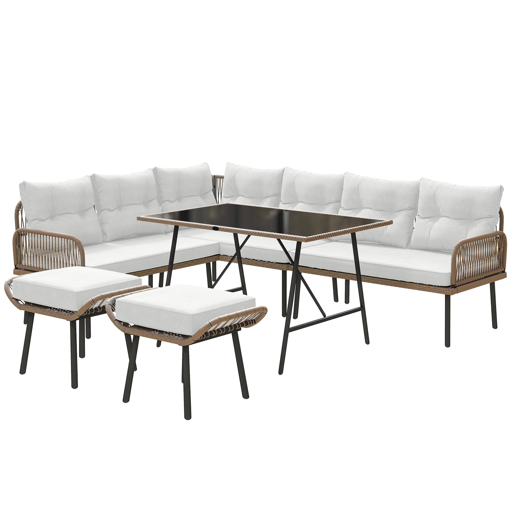 6 Piece Rattan Garden Furniture Set, 8 Seater Garden Corner Sofa with Cushions and Glass Top Table, Sectional Outdoor Furniture Conservatory Set for Patio, Cream White