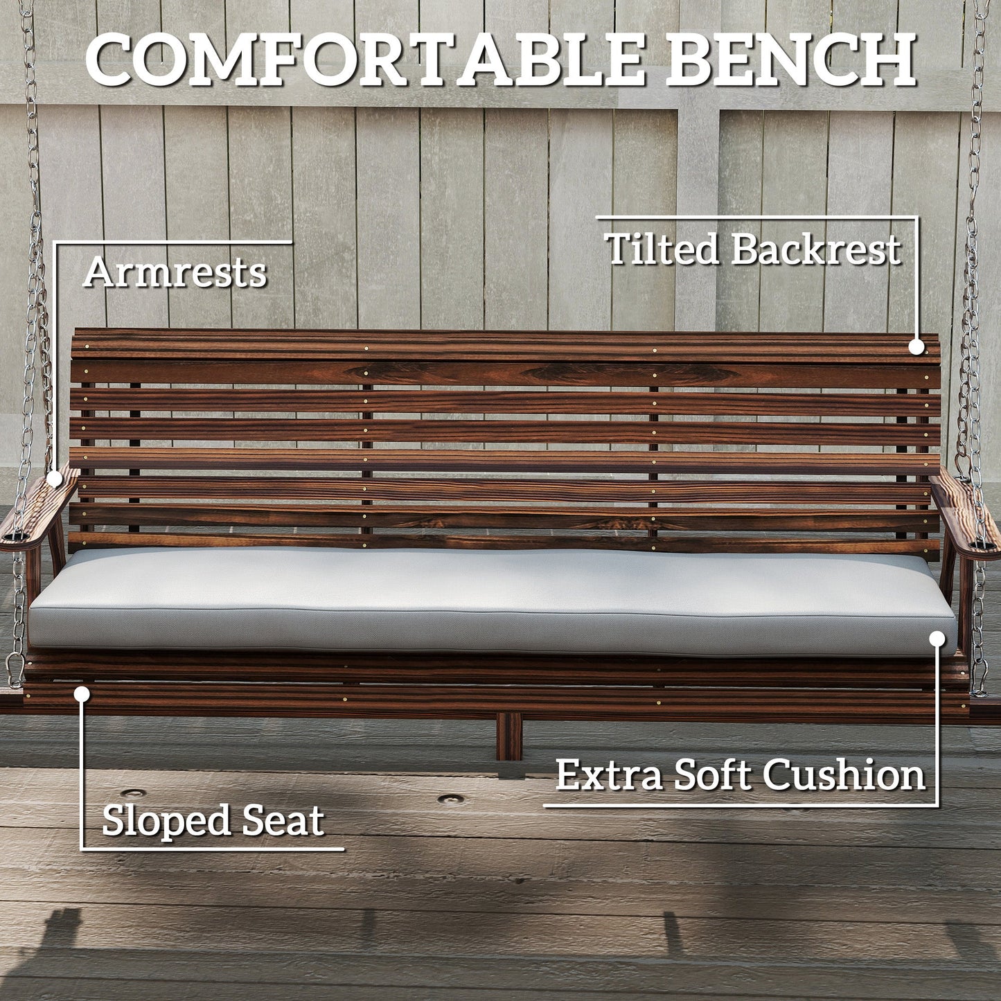 3 Seater Garden Swing Seat, Wooden Swing Chair Bench with Cushion, Side Trays and Metal Chains, for Outdoor Porch Patio, Carbonised Brown