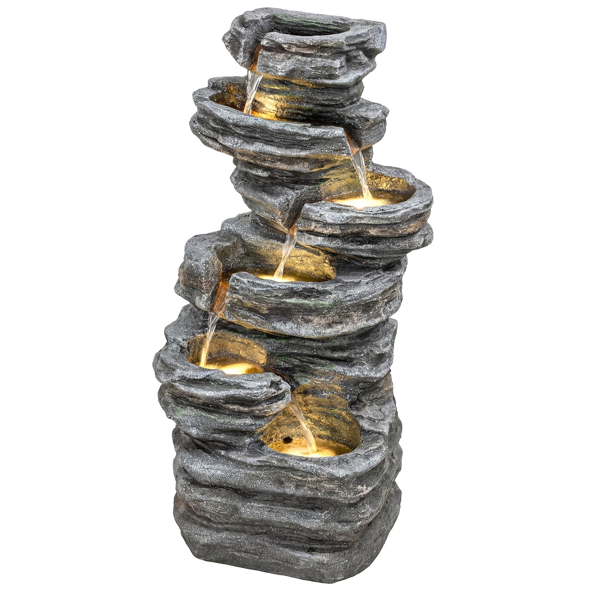 Outdoor Fountain with 6-Tier Rock Design, Cascading Waterfall Feature with LED Lights, Resin Freestanding Garden Fountain for Patio Balcony, Grey