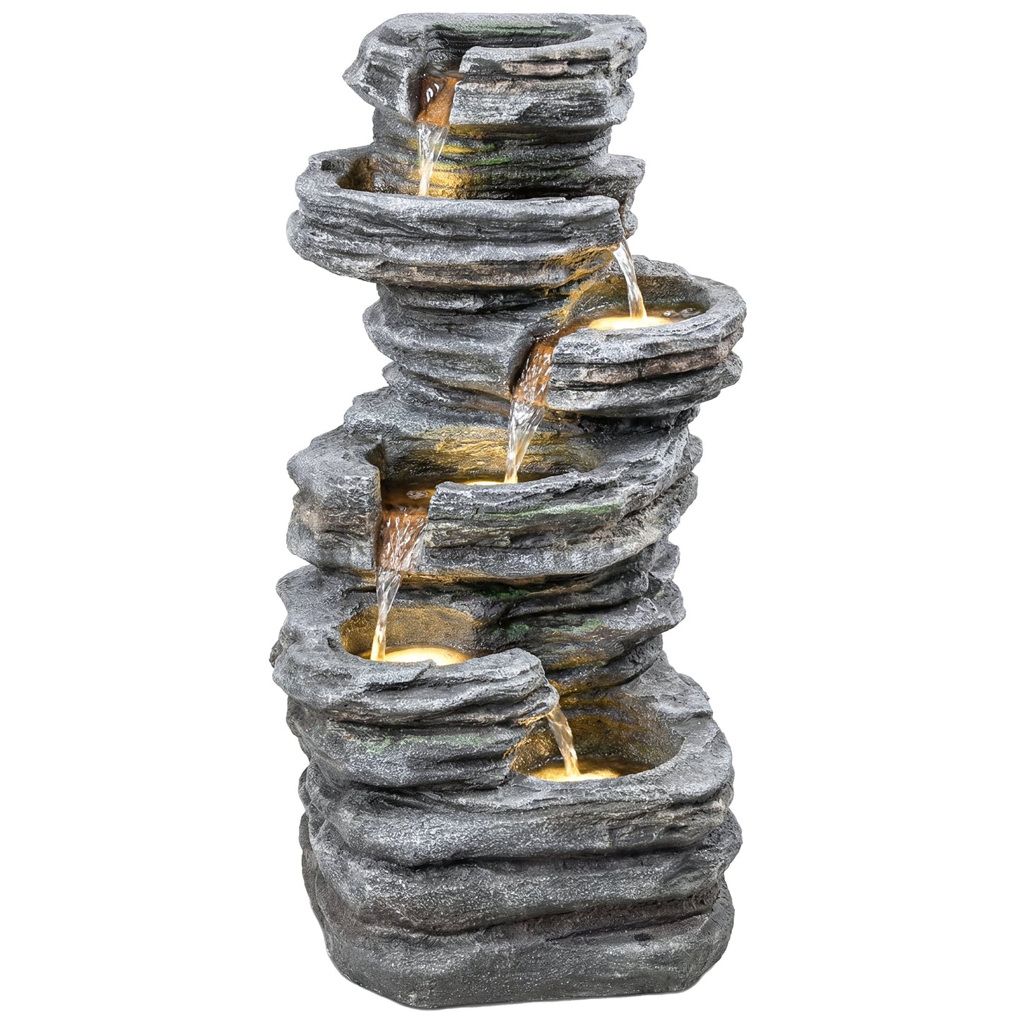 Outdoor Fountain with 6-Tier Rock Design, Cascading Waterfall Feature with LED Lights, Resin Freestanding Garden Fountain for Patio Balcony, Grey