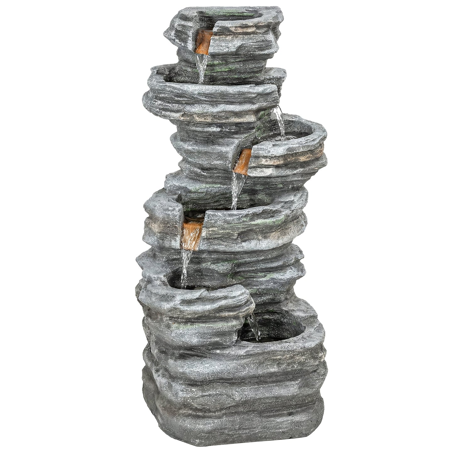 Outdoor Fountain with 6-Tier Rock Design, Cascading Waterfall Feature with LED Lights, Resin Freestanding Garden Fountain for Patio Balcony, Grey