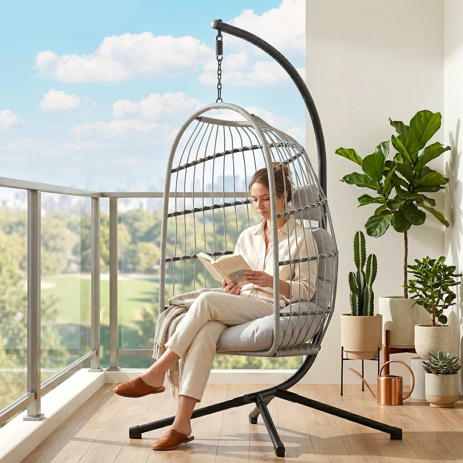 Hanging Egg Chair, Indoor Outdoor Hammock Swing Chair with Stand, Safety Strap, Foldable Basket, Thick Cushions, Headrest, Adjustable Height, Metal Frame for Garden Balcony, Light Grey