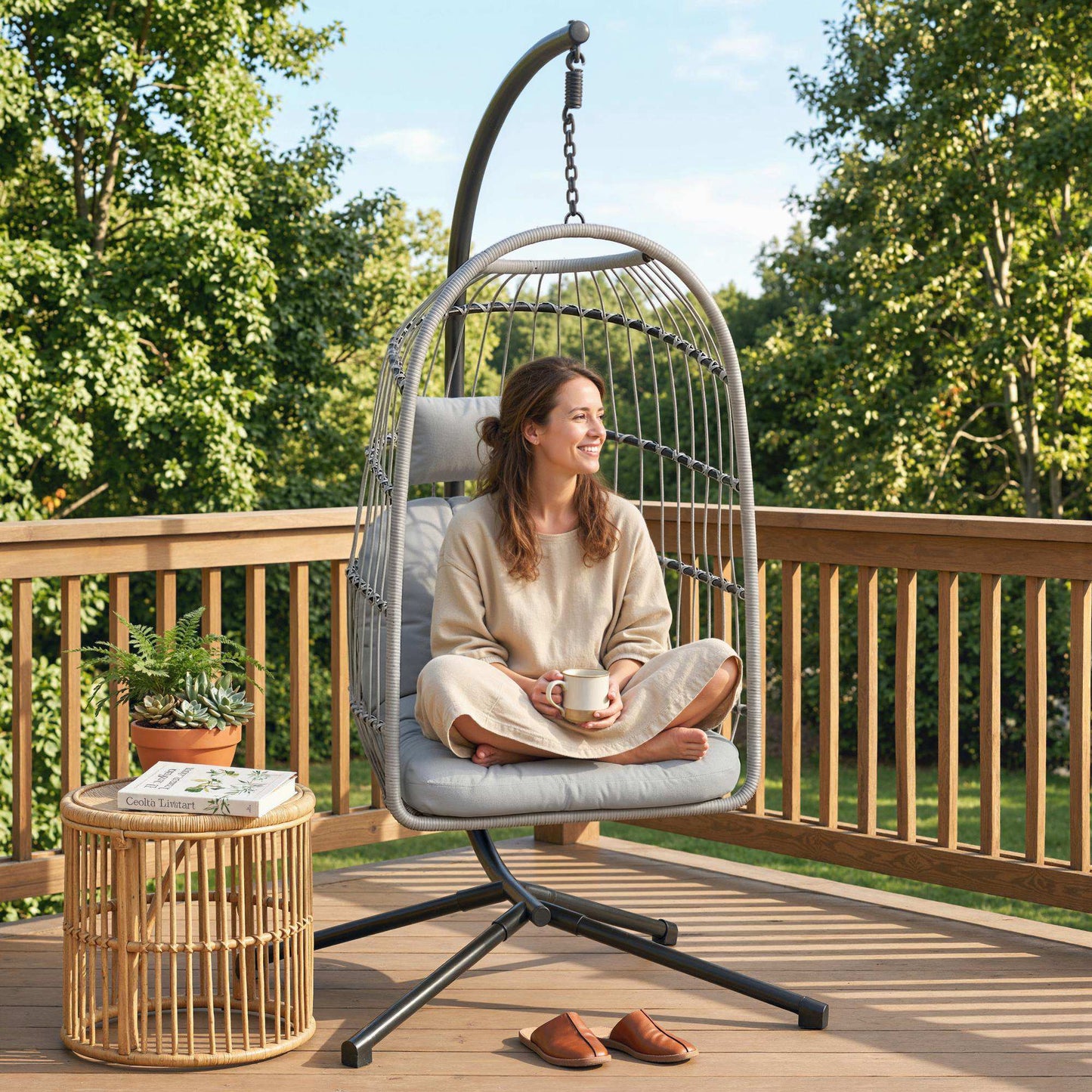 Hanging Egg Chair, Indoor Outdoor Hammock Swing Chair with Stand, Safety Strap, Foldable Basket, Thick Cushions, Headrest, Adjustable Height, Metal Frame for Garden Balcony, Light Grey