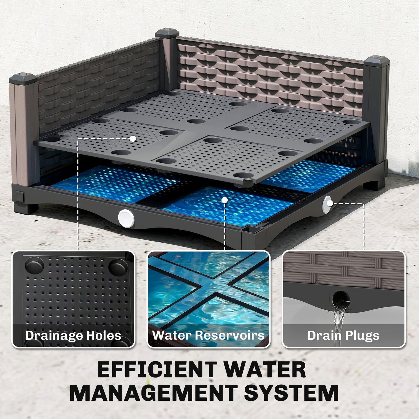 Raised Garden Bed with Trellis, Self Watering Plastic Planter Box with Drainage Holes, Drain Plugs and Water Reservoirs for Climbing Plants, Vegetables, Flowers, 40 x 40 x 179 cm, Black