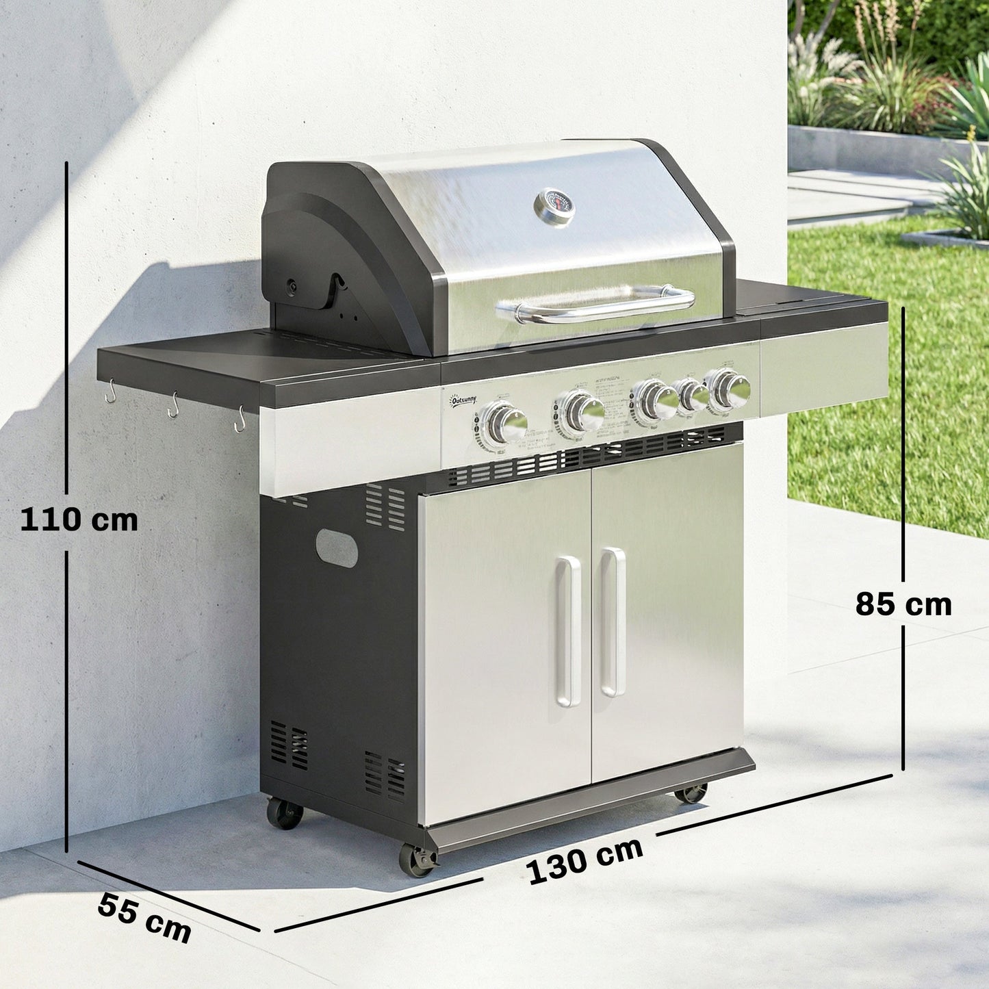 4+1 Burner Gas BBQ Grill, Portable Gas Barbecue Grill with Side Burner, Warming Rack, Side Shelf, Storage Cabinet, Thermometer, 4 Wheels, Tank Holder for Garden Party Outdoor Cooking
