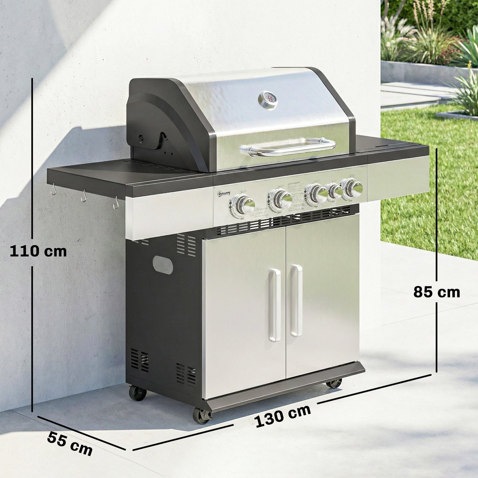 4+1 Burner Gas BBQ Grill, Portable Gas Barbecue Grill with Side Burner, Warming Rack, Side Shelf, Storage Cabinet, Thermometer, 4 Wheels, Tank Holder for Garden Party Outdoor Cooking