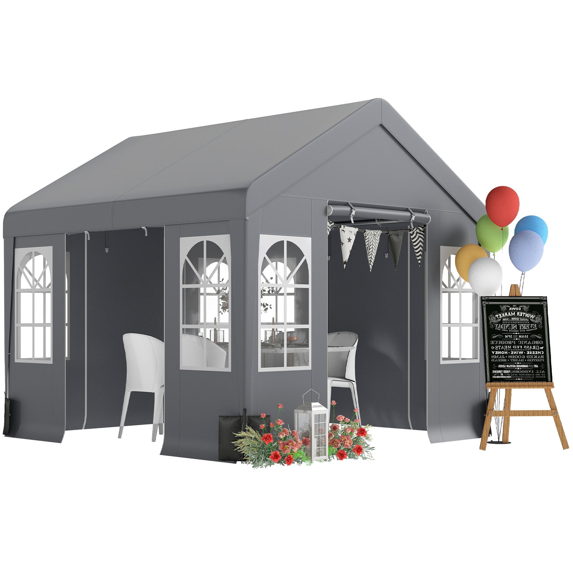 3 x 3 m Heavy Duty Garden Gazebo with Sides and 4 Weight Bags, Marquee Party Tent with Windows, All Weather Canopy for Camping, Festivals and Weddings, Grey