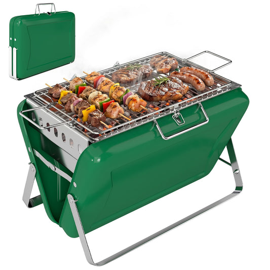Portable BBQ Grill, Folding Charcoal Barbecue Grill with Handle and Foldable Legs for Camping Garden Outdoor Cooking, Dark Green