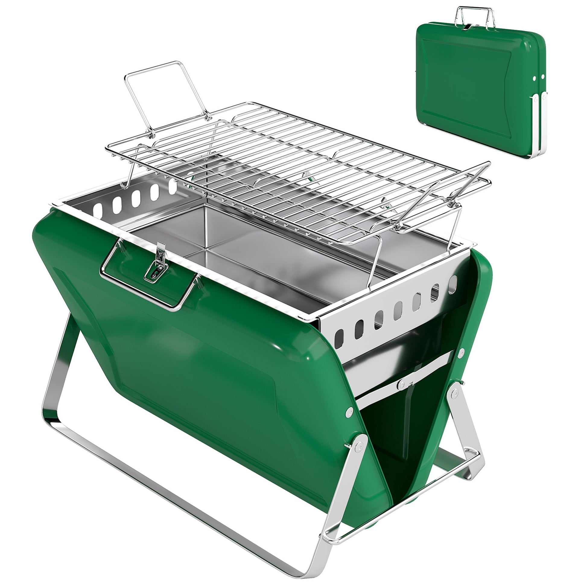 Portable BBQ Grill, Folding Charcoal Barbecue Grill with Handle and Foldable Legs for Camping Garden Outdoor Cooking, Dark Green