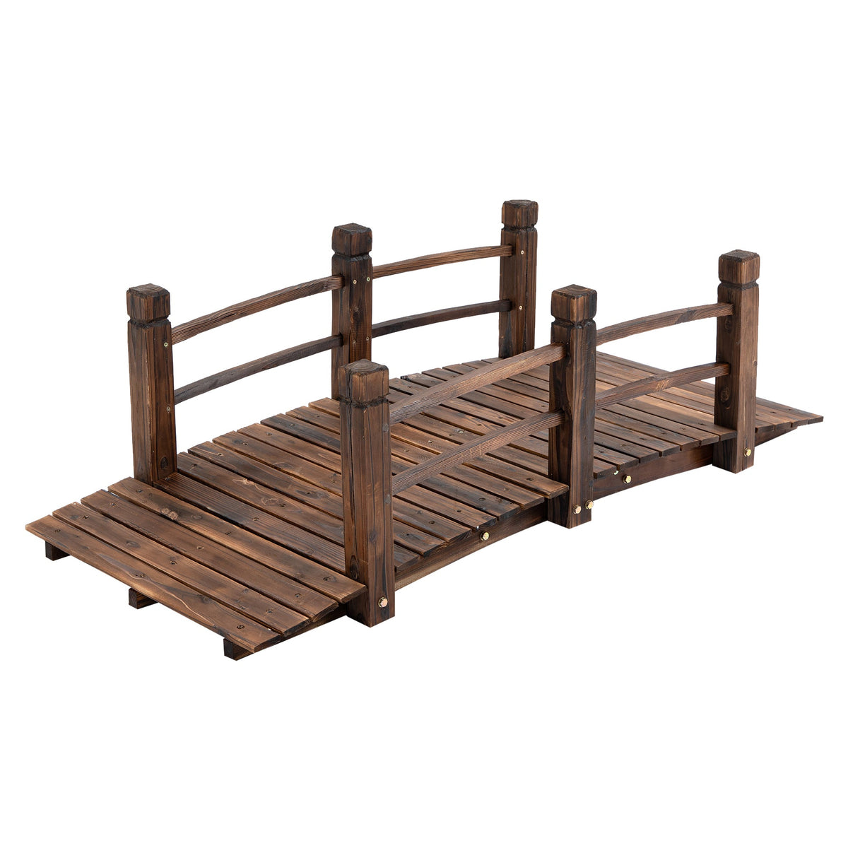 1.5M Wooden Garden Bridge Lawn Décor Stained Finish Arc Outdoor Pond Walkway w/ Railings Water Yard Decoration