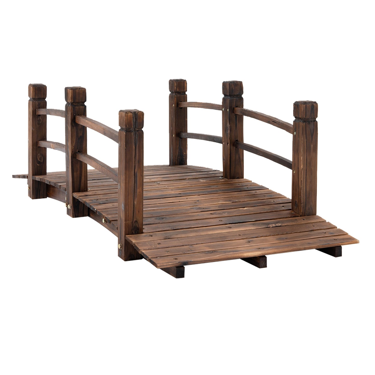 1.5M Wooden Garden Bridge Lawn Décor Stained Finish Arc Outdoor Pond Walkway w/ Railings Water Yard Decoration