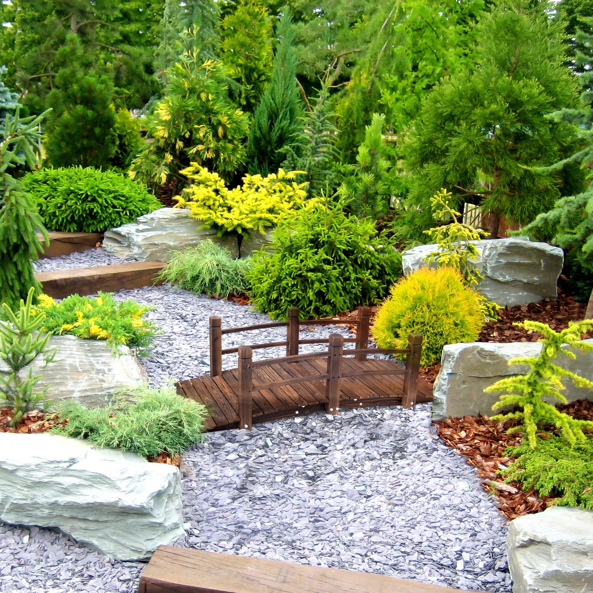 1.5M Wooden Garden Bridge Lawn Décor Stained Finish Arc Outdoor Pond Walkway w/ Railings Water Yard Decoration