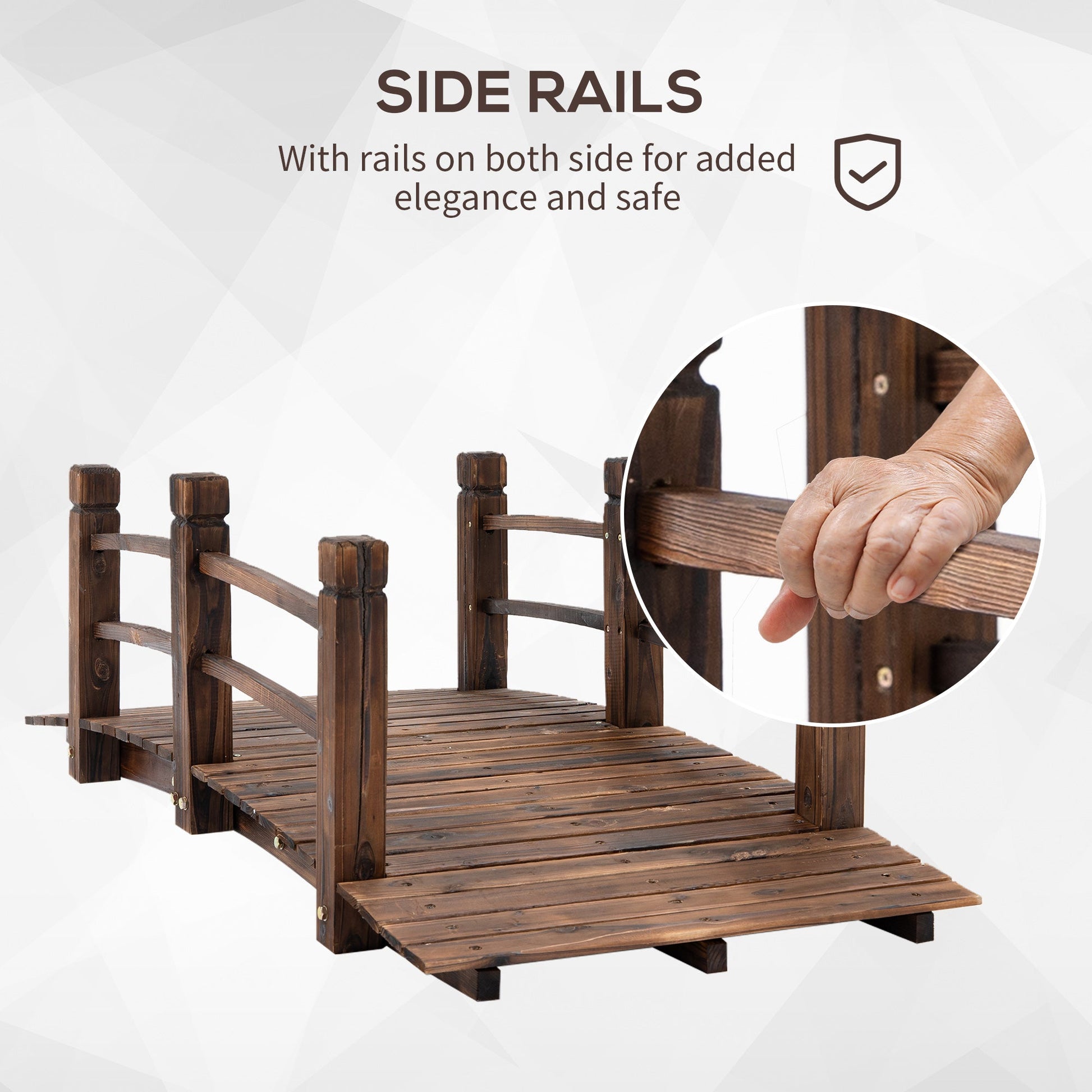 1.5M Wooden Garden Bridge Lawn Décor Stained Finish Arc Outdoor Pond Walkway w/ Railings Water Yard Decoration