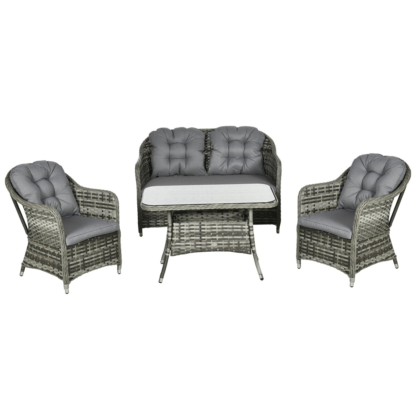 4 Pieces Outdoor PE Rattan Garden Furniture, Patio Round Wicker Woven Conversation Sofa Set w/ Padded Cushions and Tempered Glass Top Table For Balcony, Pool, Garden, Sand, Grey