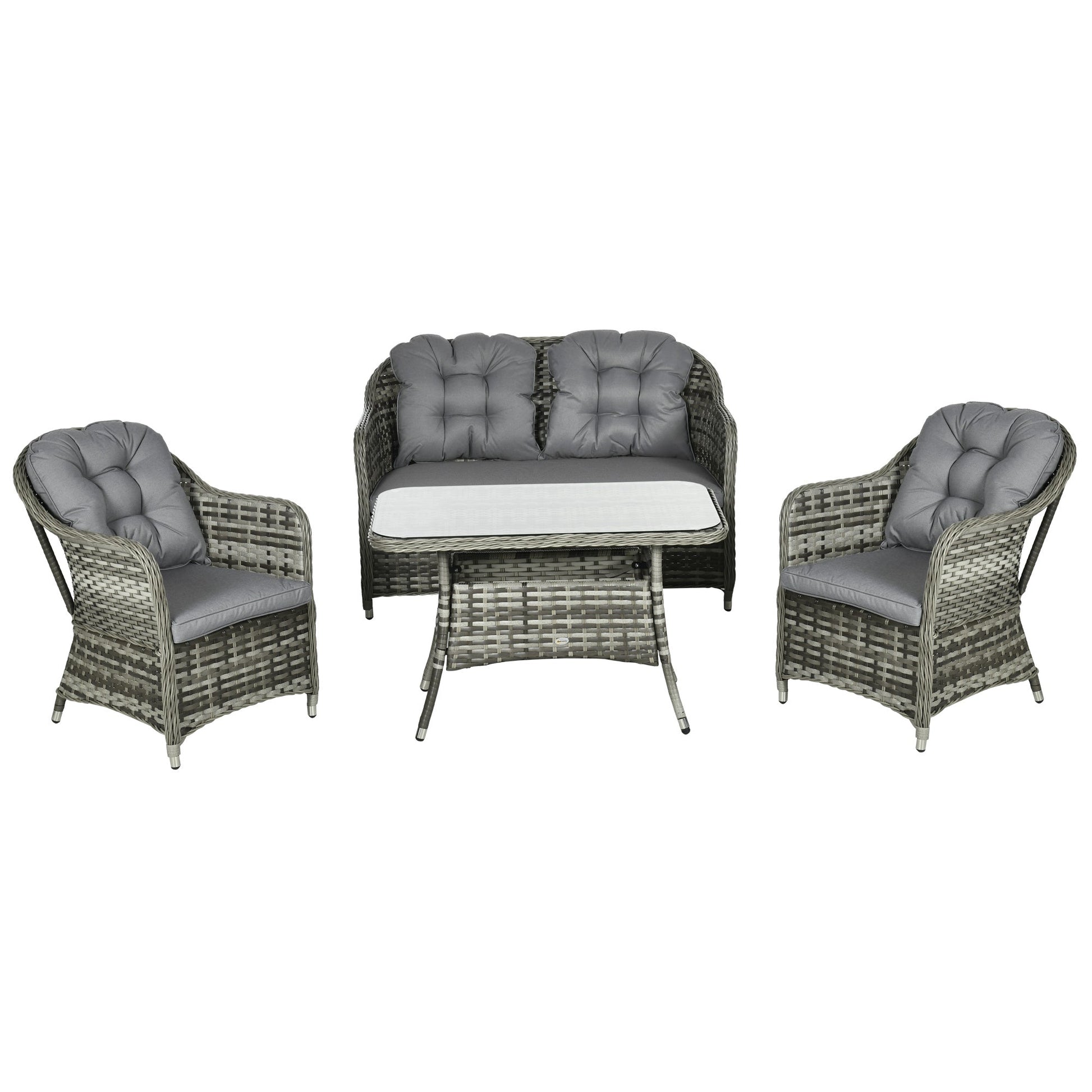 4 Pieces Outdoor PE Rattan Garden Furniture, Patio Round Wicker Woven Conversation Sofa Set w/ Padded Cushions and Tempered Glass Top Table For Balcony, Pool, Garden, Sand, Grey