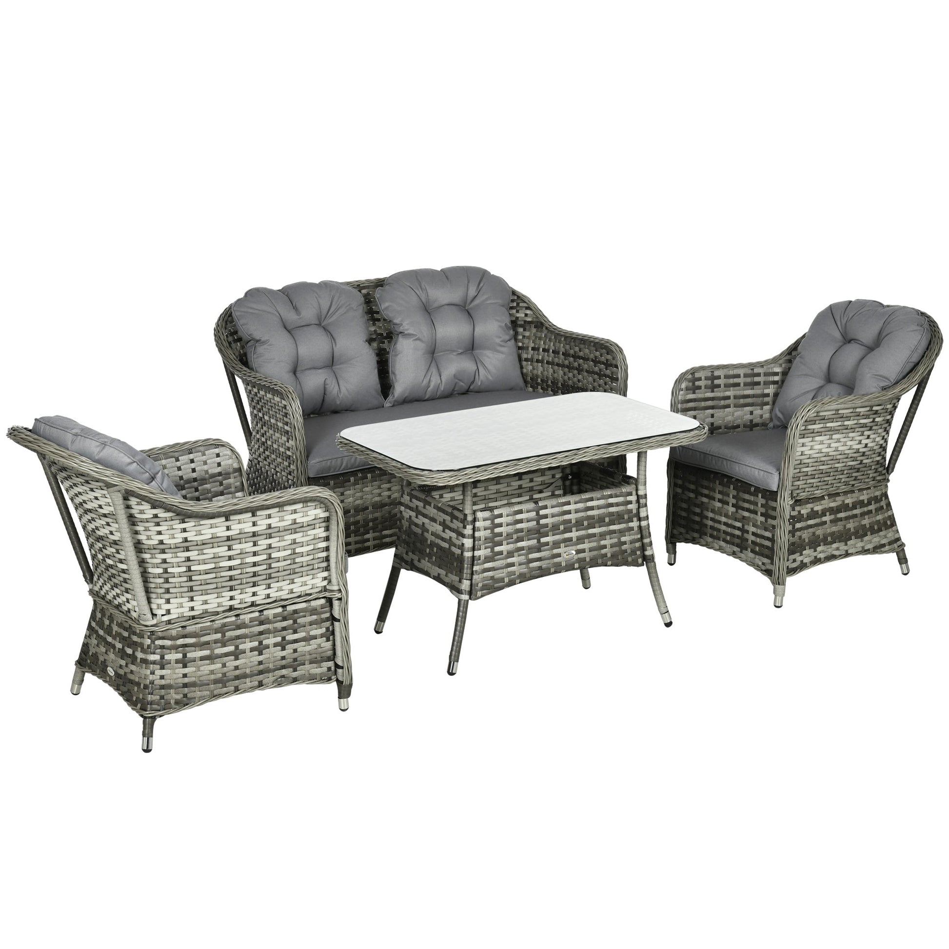 4 Pieces Outdoor PE Rattan Garden Furniture, Patio Round Wicker Woven Conversation Sofa Set w/ Padded Cushions and Tempered Glass Top Table For Balcony, Pool, Garden, Sand, Grey