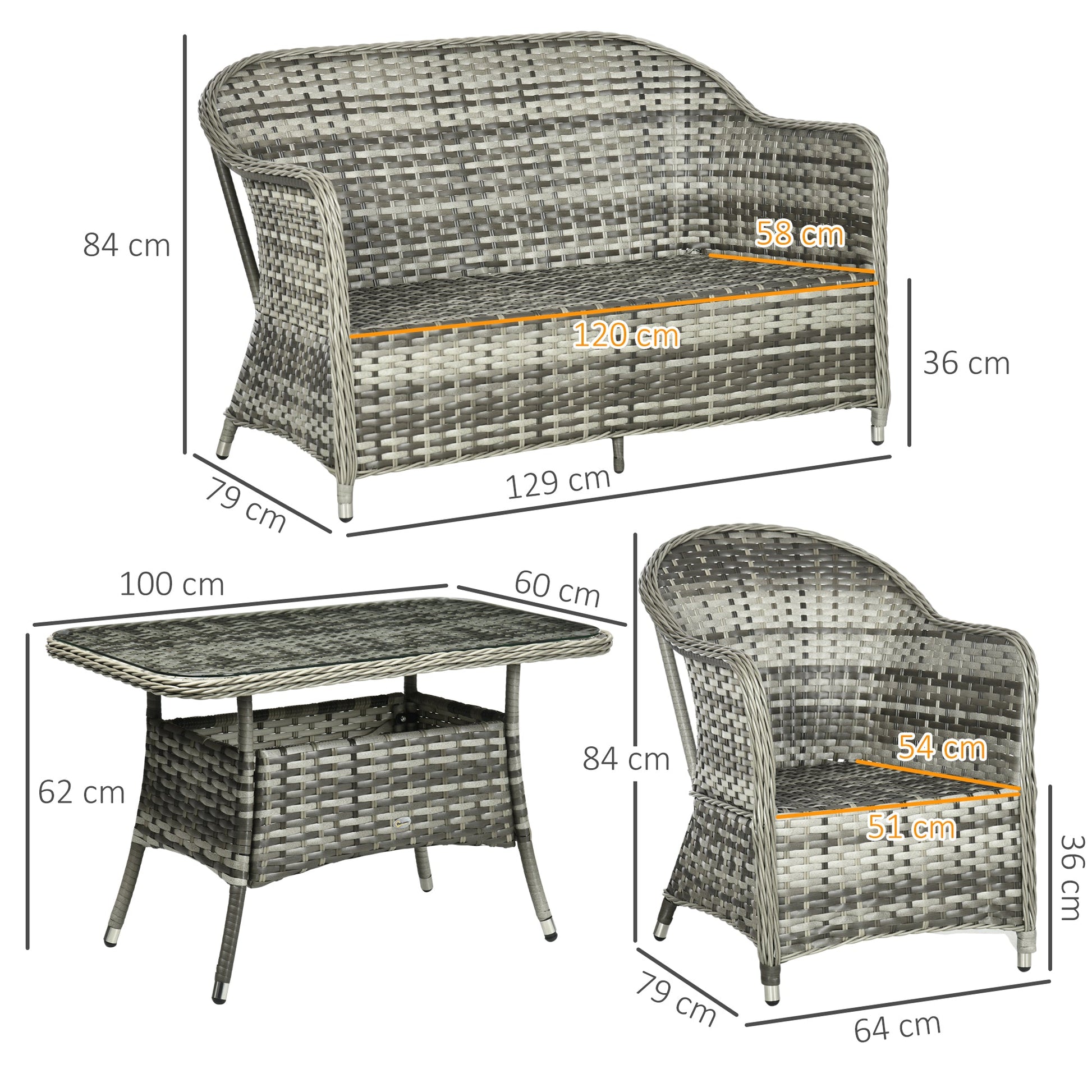 4 Pieces Outdoor PE Rattan Garden Furniture, Patio Round Wicker Woven Conversation Sofa Set w/ Padded Cushions and Tempered Glass Top Table For Balcony, Pool, Garden, Sand, Grey