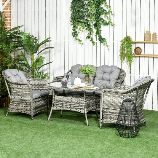 4 Pieces Outdoor PE Rattan Garden Furniture, Patio Round Wicker Woven Conversation Sofa Set w/ Padded Cushions and Tempered Glass Top Table For Balcony, Pool, Garden, Sand, Grey