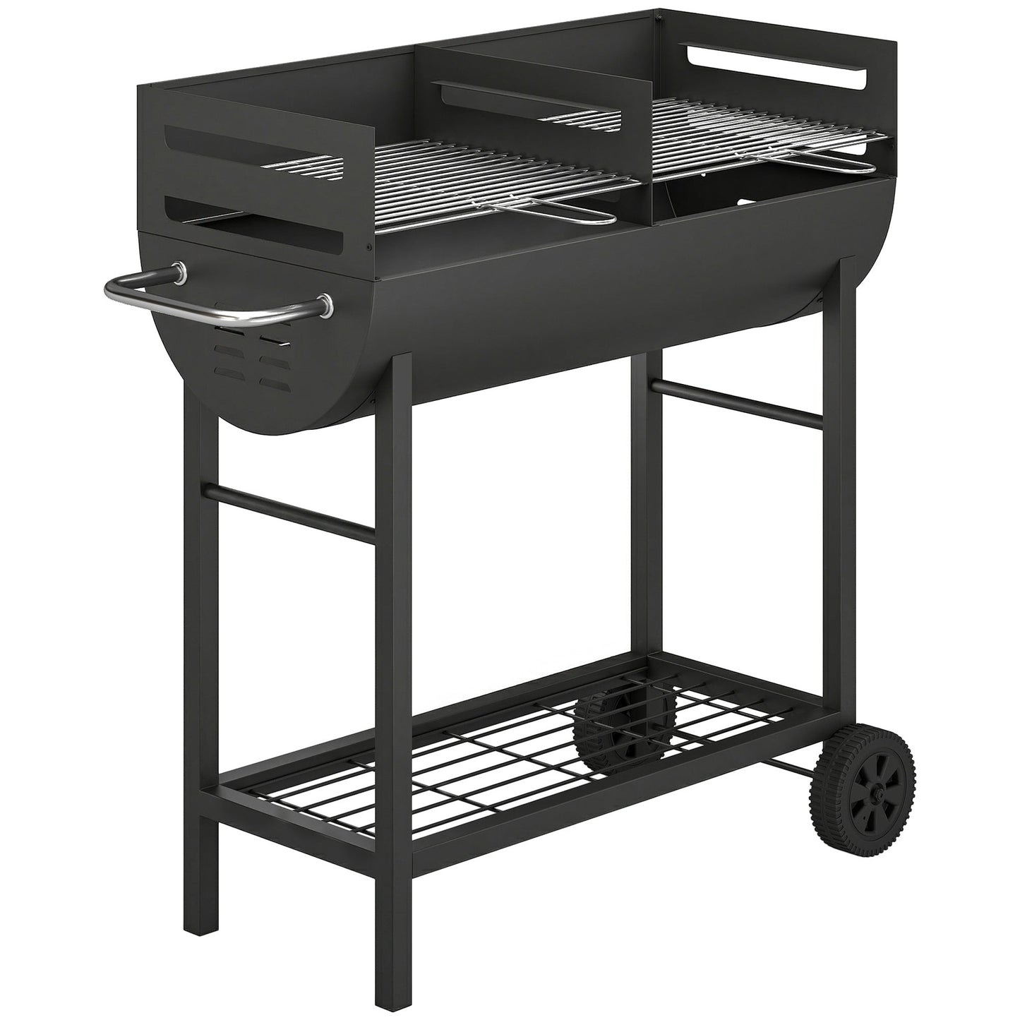 Charcoal Barbecue Grill with 2 Cooking Areas, Portable BBQ Trolley with Wheels, Height Adjustable Grates, Side Handle, Bottom Shelf, Metal Outdoor Cooker for Garden Camping, Picnic, Party