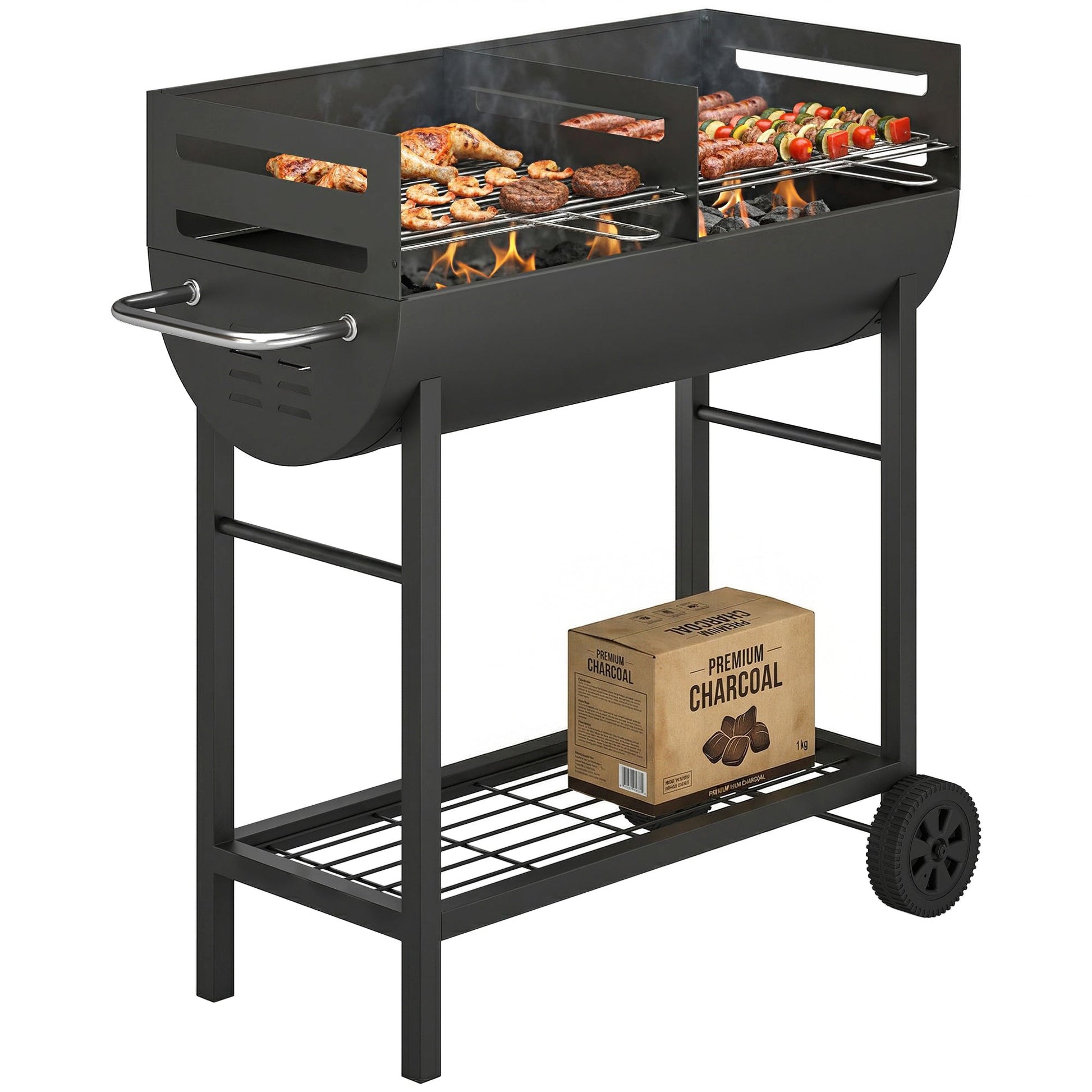 Charcoal Barbecue Grill with 2 Cooking Areas, Portable BBQ Trolley with Wheels, Height Adjustable Grates, Side Handle, Bottom Shelf, Metal Outdoor Cooker for Garden Camping, Picnic, Party