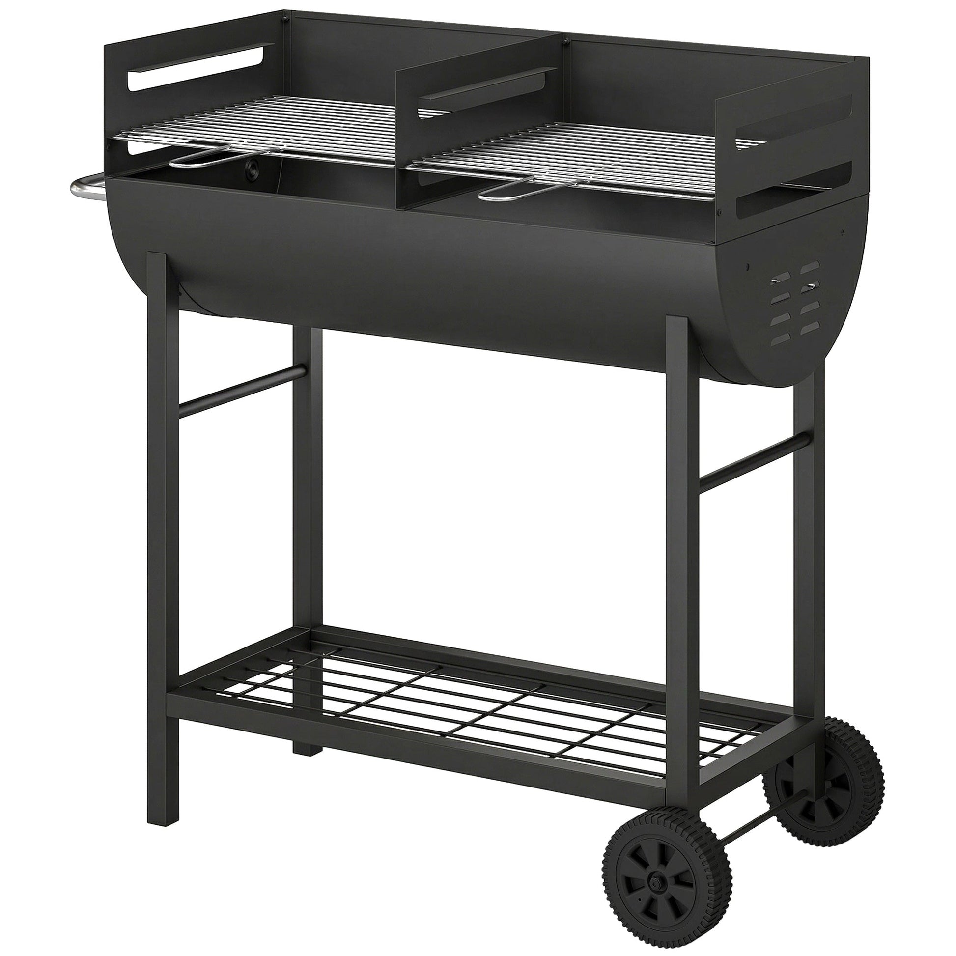 Charcoal Barbecue Grill with 2 Cooking Areas, Portable BBQ Trolley with Wheels, Height Adjustable Grates, Side Handle, Bottom Shelf, Metal Outdoor Cooker for Garden Camping, Picnic, Party