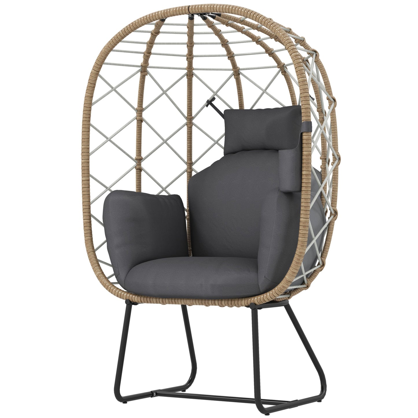 Rattan Egg Chair Outdoor Indoor Wicker Chair with Thickened Cushion and Headrest, Standing Garden Egg Chair with Cup Holder, Metal Frame for Patio, Balcony, Brown